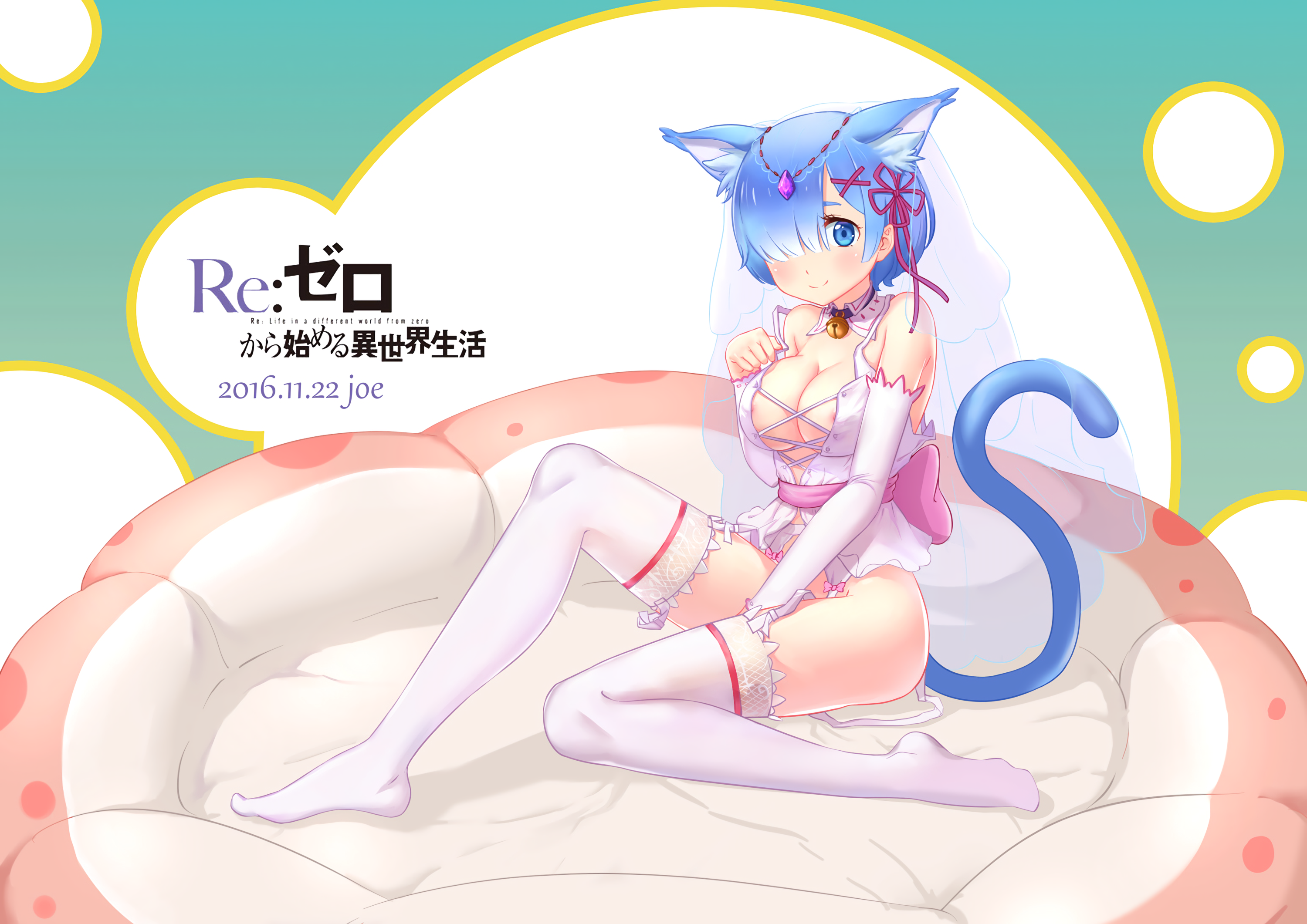 Anime 3000x2122 anime anime girls Re:Zero Kara Hajimeru Isekai Seikatsu Rem (Re:Zero) tail stockings no bra open shirt animal ears short hair blue hair blue eyes thigh-highs nipples big boobs