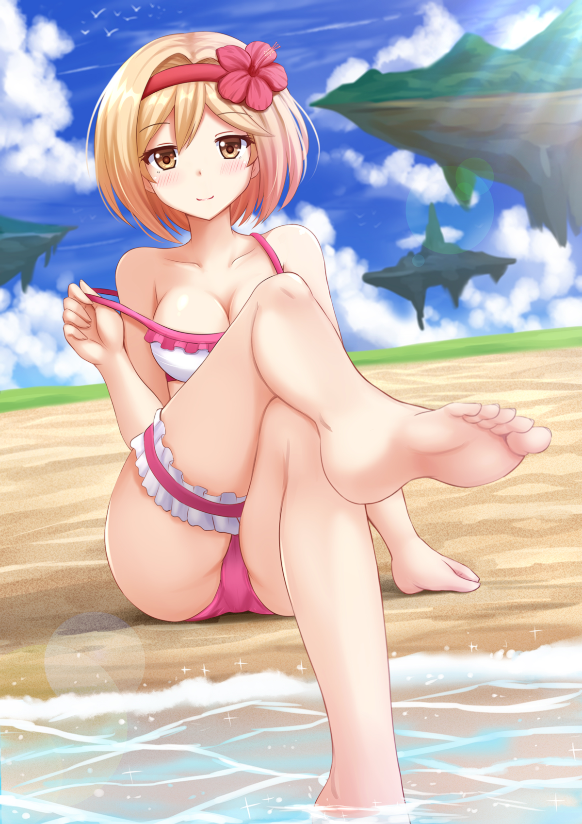 Anime 1200x1697 anime anime girls Granblue Fantasy Djeeta (Granblue Fantasy) bikini feet water beach short hair