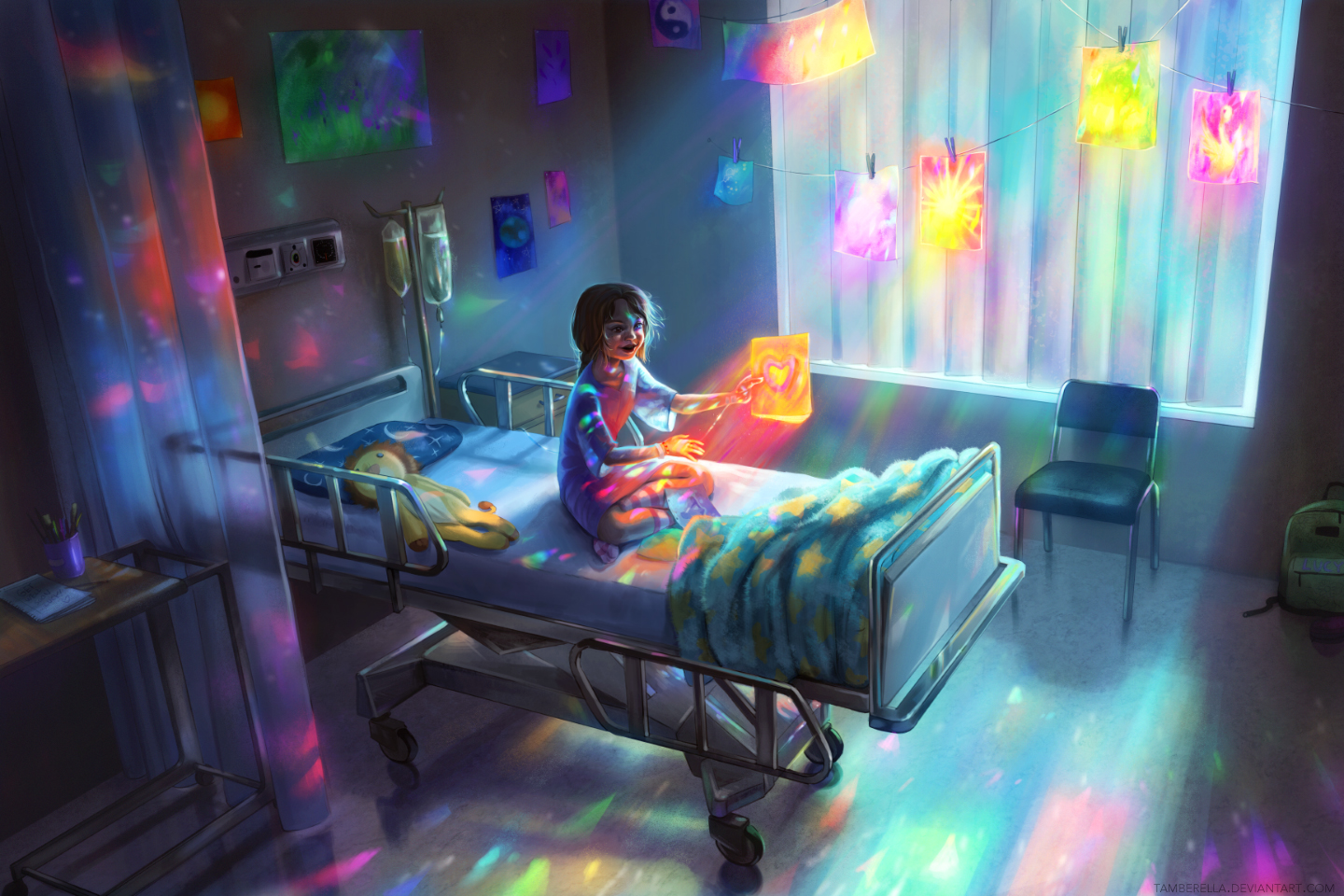 Anime 1440x960 hospital bed children artwork 2D emotion teddy bears digital art chair drawing heart colorful backpacks cyan