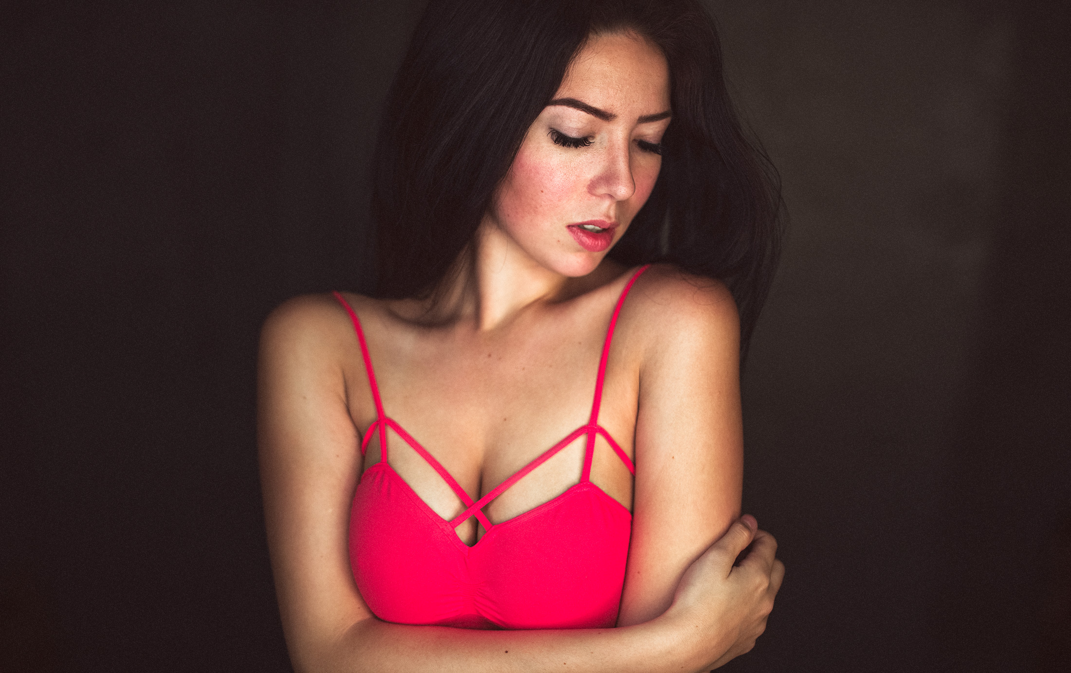 People 2200x1383 brunette closed eyes open mouth cleavage arms crossed George Dutch women pink bra blushing