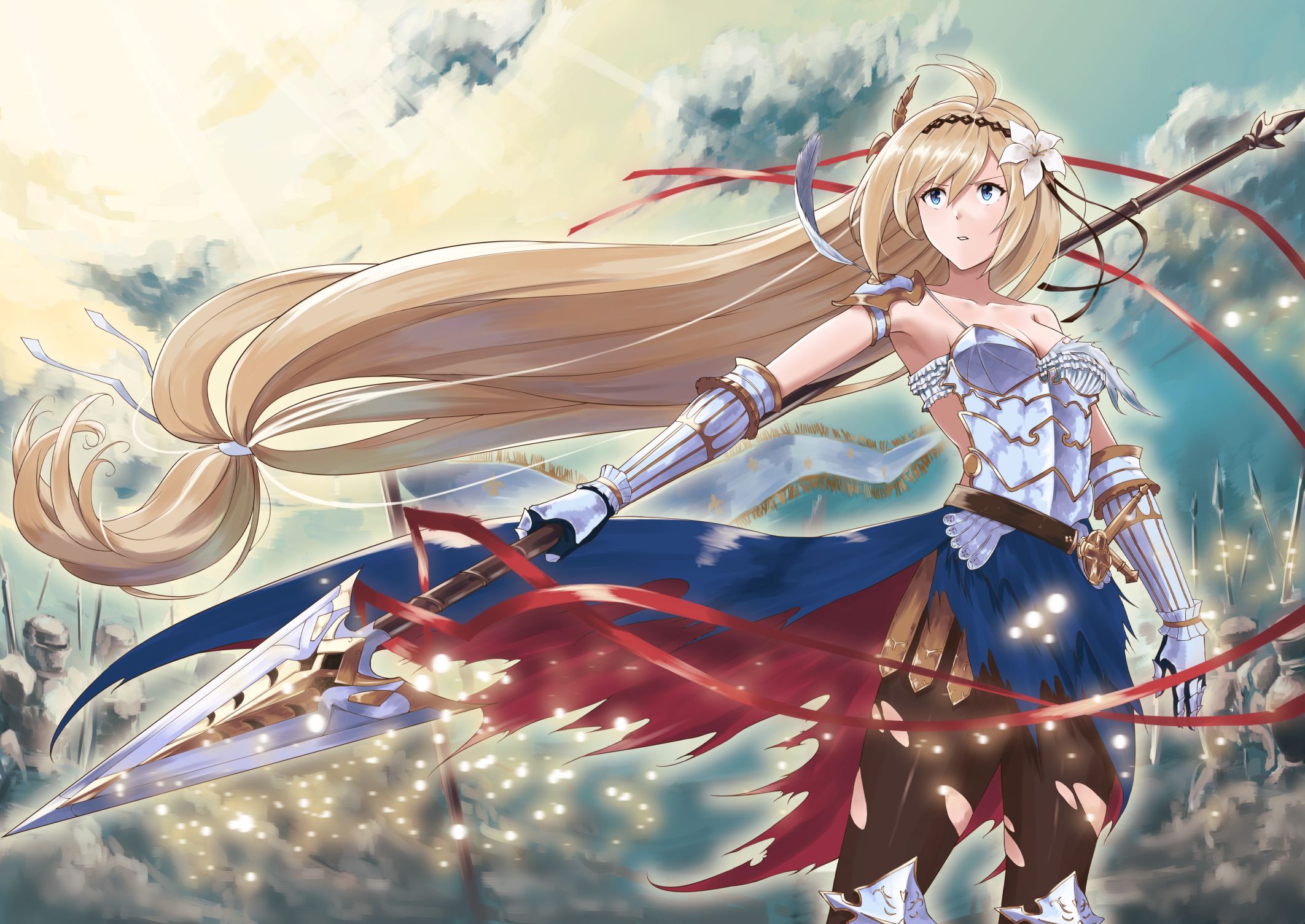 Anime 2125x1505 Granblue Fantasy Jeanne D'arc (Granblue Fantasy) armor cleavage pantyhose torn clothes weapon anime anime girls long hair spear knight army blue eyes sky clouds feathers gauntlets dust flag torn pantyhose sun rays twintails blonde