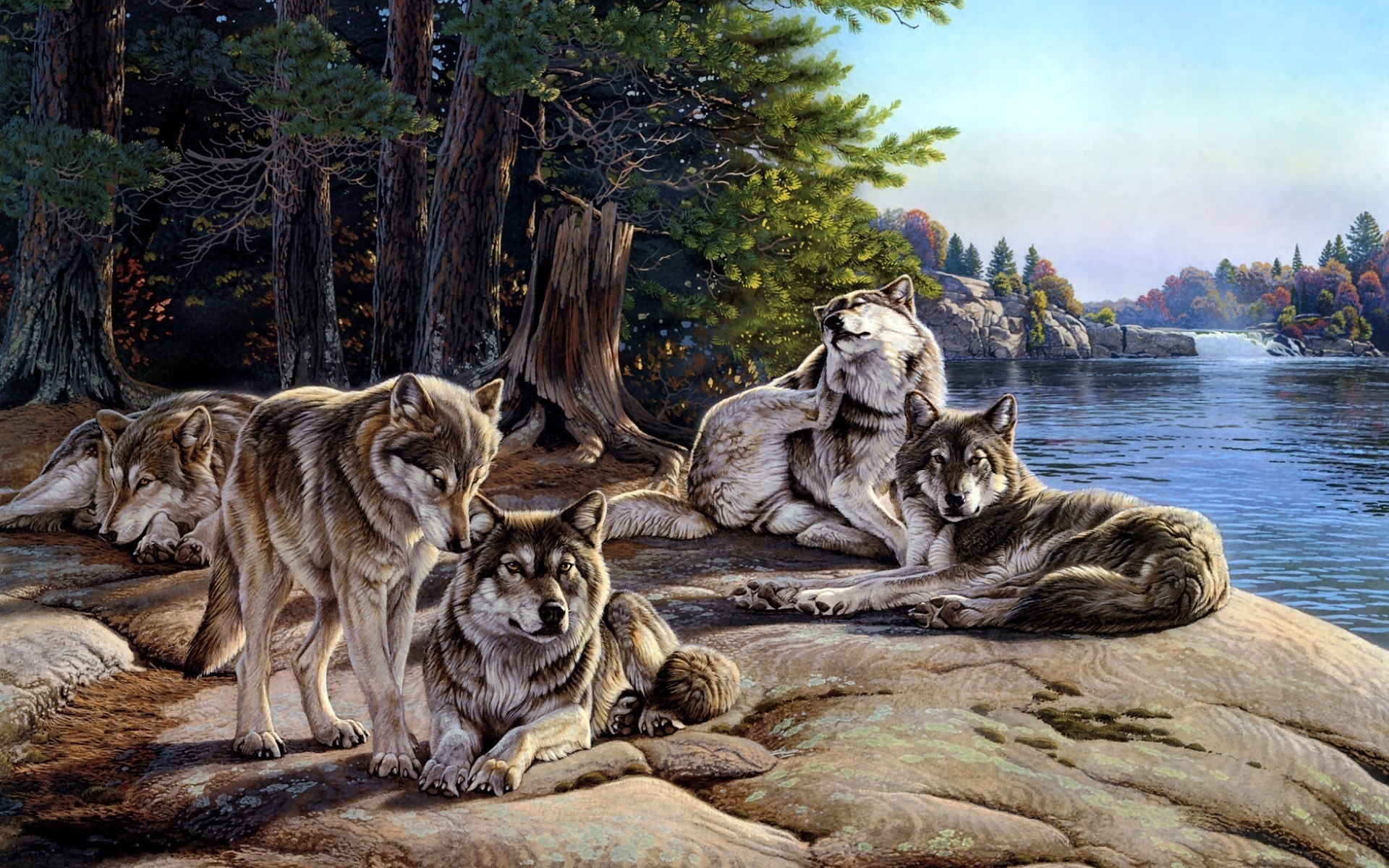 General 1920x1200 wolf animals landscape painting