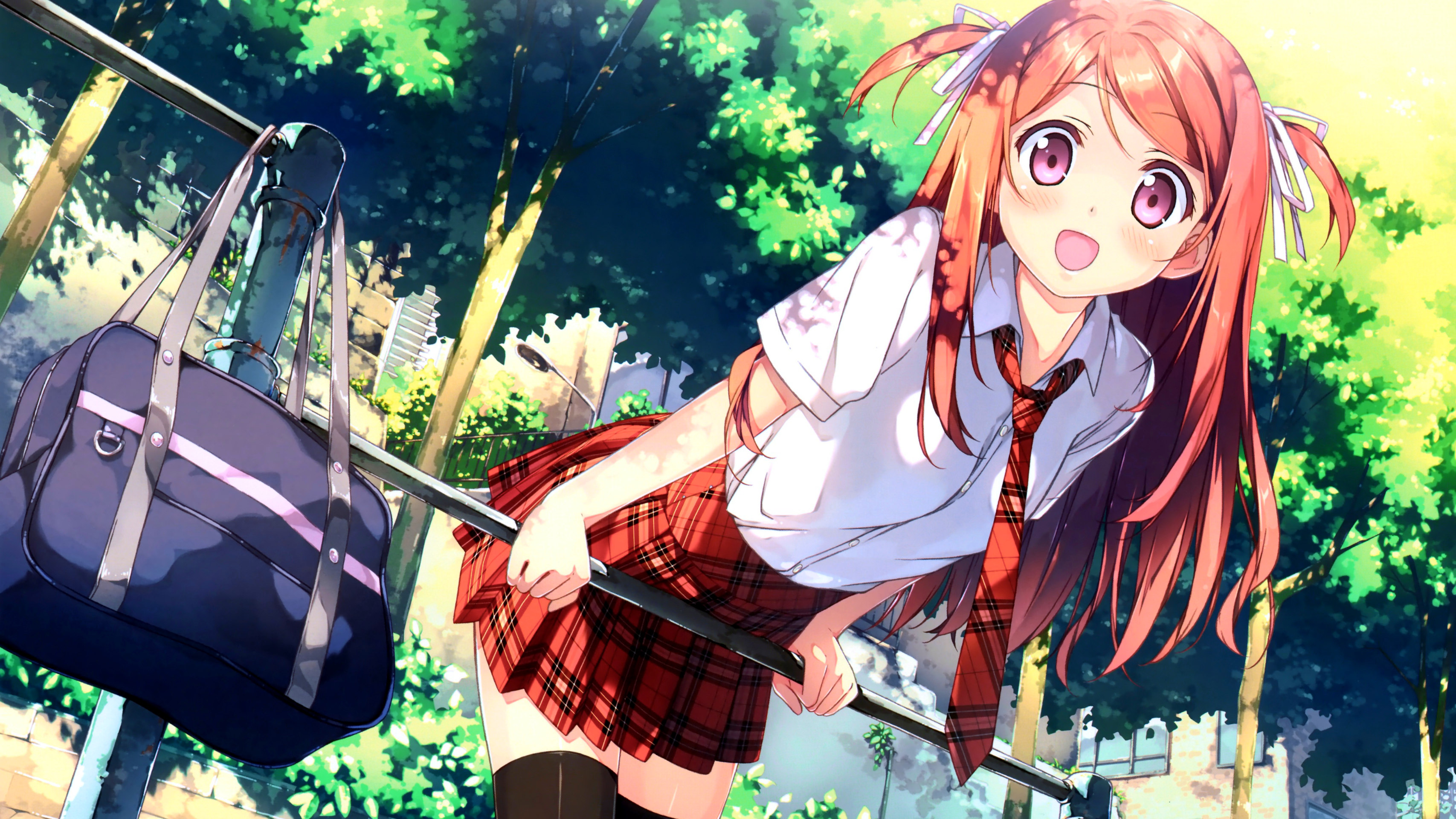 Anime 3414x1920 Kurumi (Kantoku) schoolgirl redhead Kantoku anime girls school uniform thigh-highs