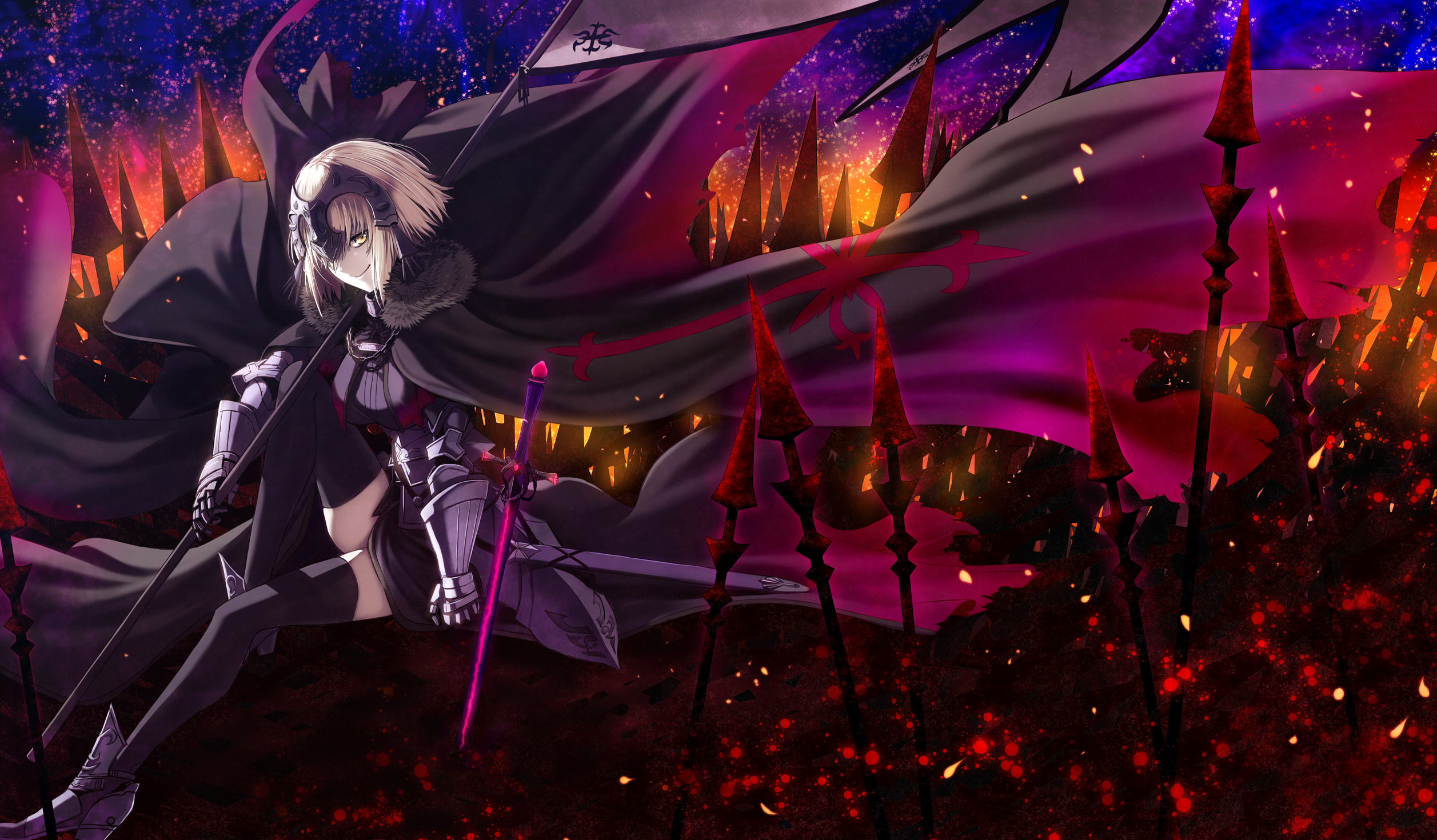 Anime 2514x1470 armor cape Fate/Grand Order Fate series sword weapon short hair silver hair yellow eyes thigh-highs anime girls Jeanne d'Arc (Fate) Jeanne (Alter) (Fate/Grand Order) Hinomoto Madoka