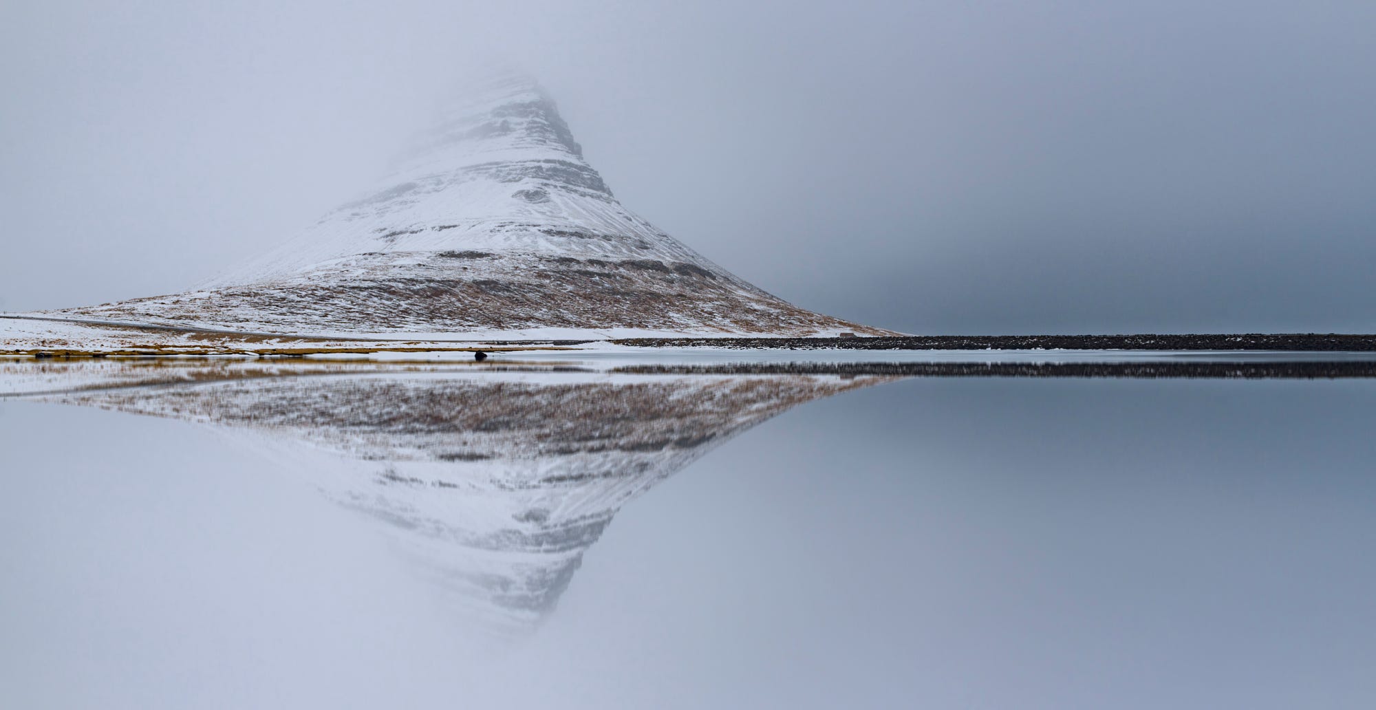 General 2000x1032 nature landscape snow reflection lake mountains mist symmetry Iceland Kirkjufell