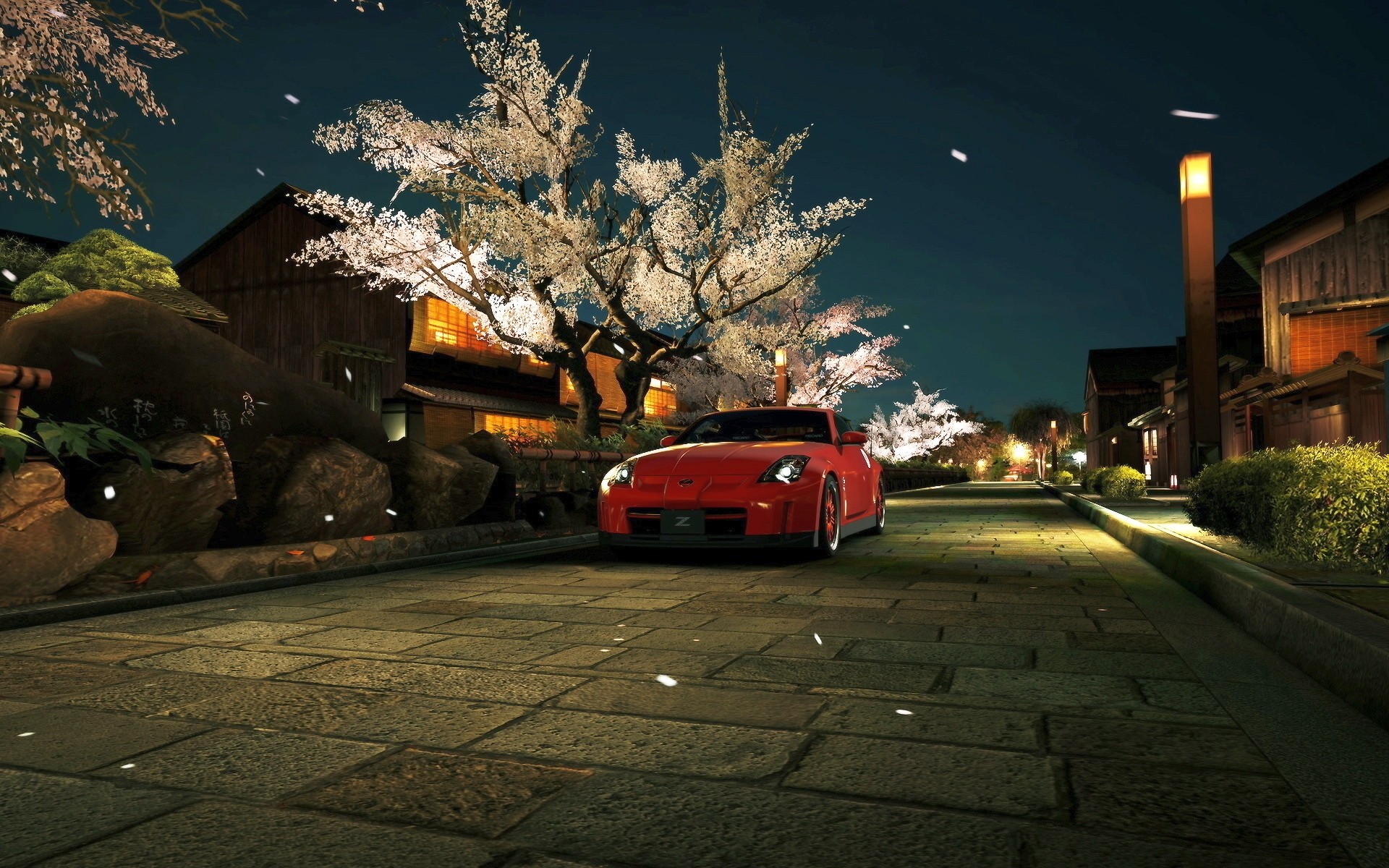 General 1920x1200 night street light trees cherry blossom car spring cityscape Japan Gran Turismo Nissan Japanese cars video games