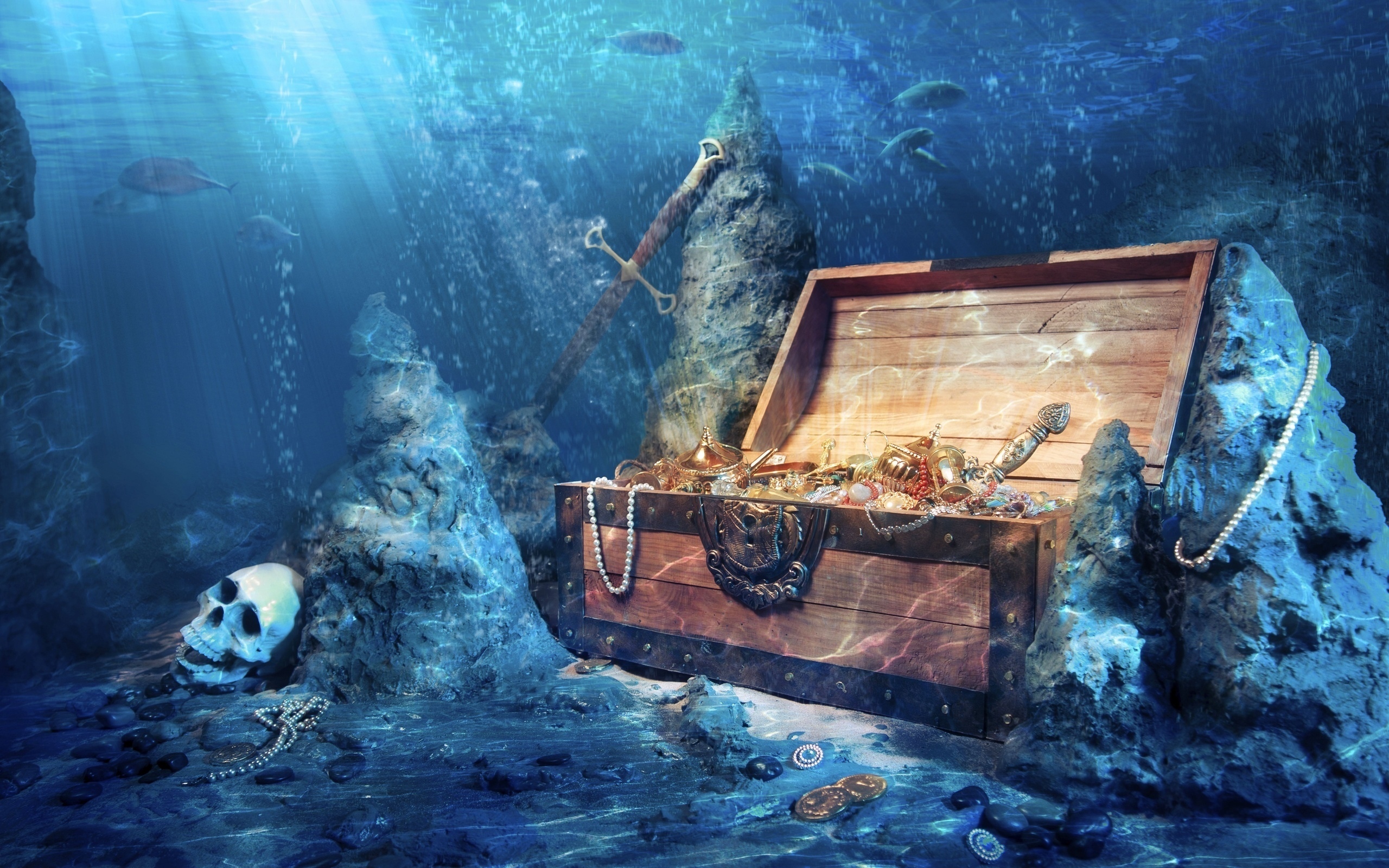 General 2560x1600 sea underwater skull jewelry boxes pirates digital art