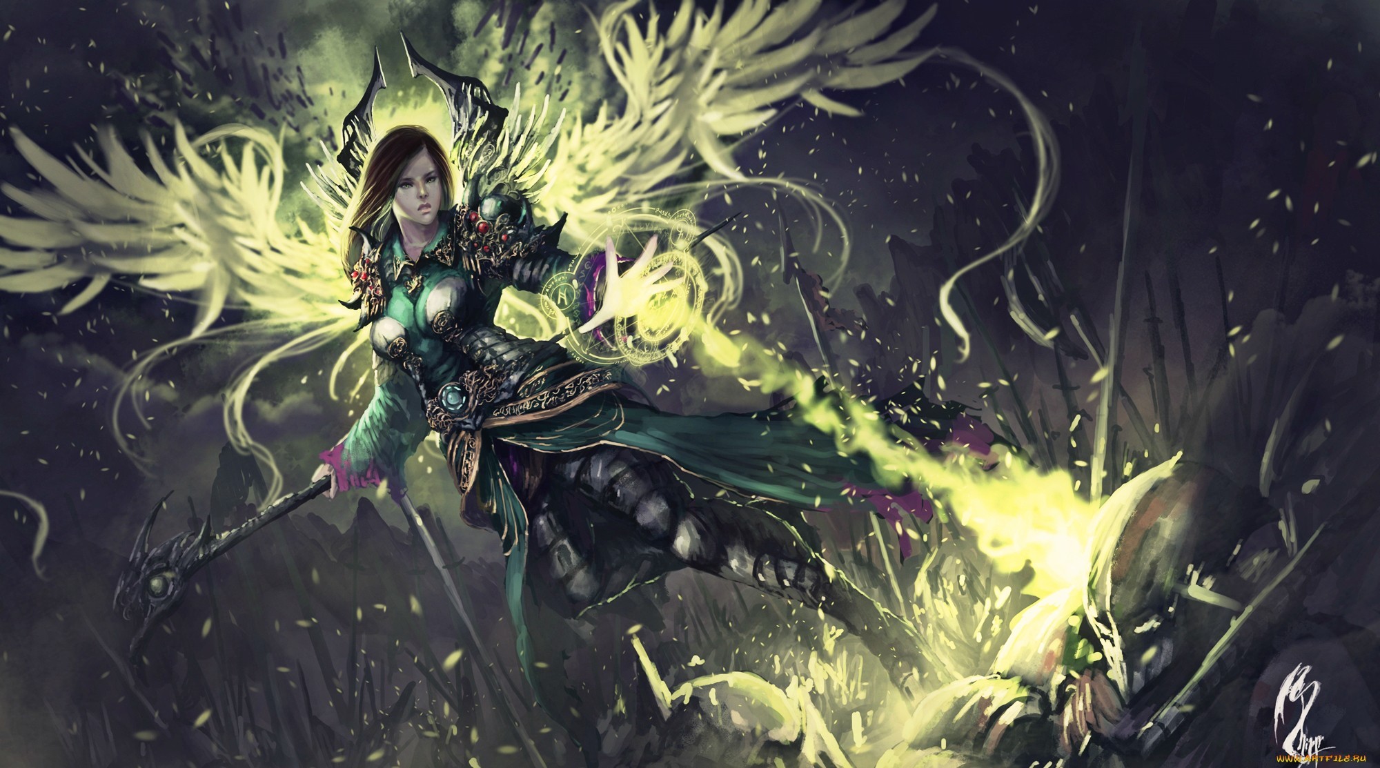 General 2000x1113 DeviantArt fantasy girl fantasy art women staff wings