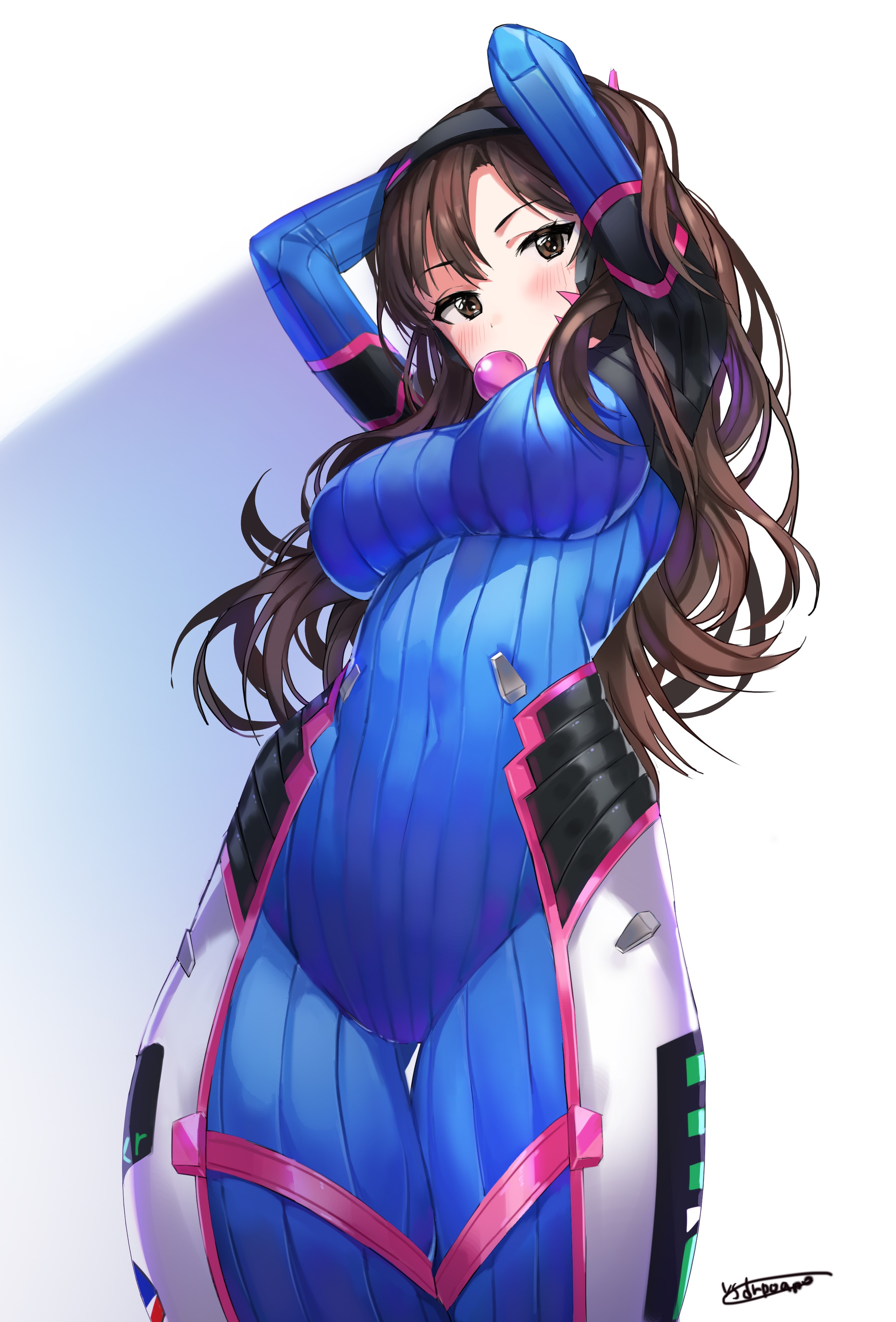 Anime 2352x3468 anime D.Va (Overwatch) long hair bodysuit Overwatch boobs big boobs low-angle Pixiv PC gaming fan art video game girls anime girls video game characters food sweets bubble gum arms up looking at viewer brown eyes simple background standing brunette