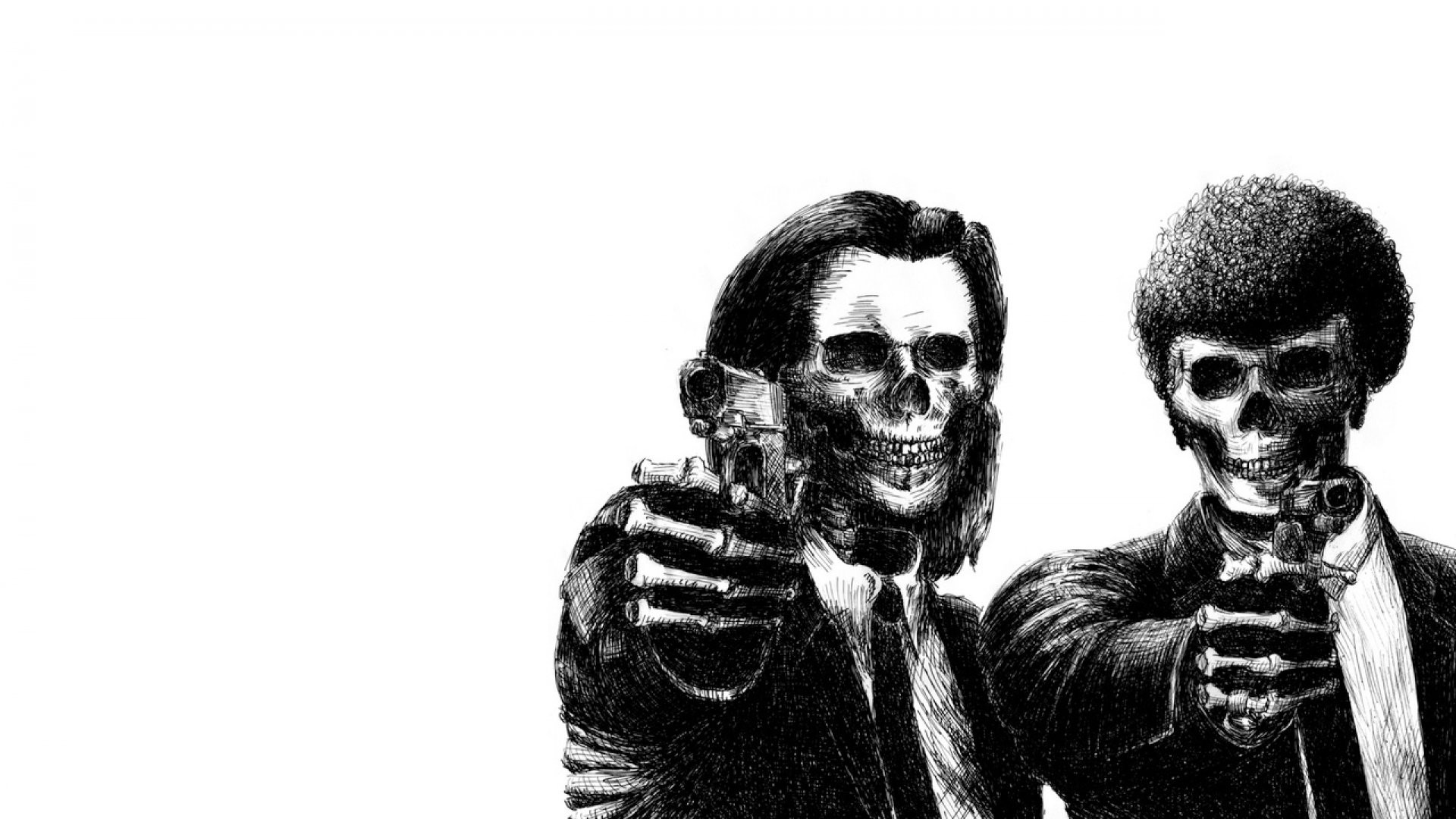 General 1920x1080 movies simple background skull drawing white background Pulp Fiction fan art monochrome gun weapon