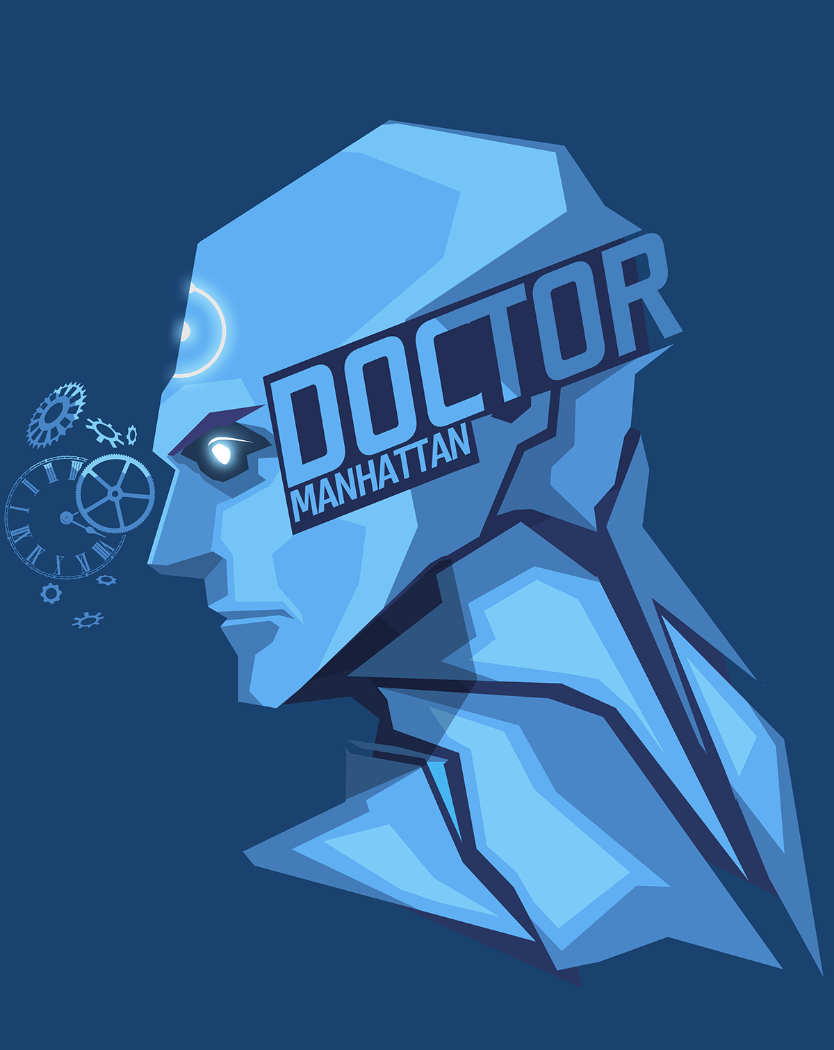 General 1200x1510 Doctor Manhattan DC Comics blue background Watchmen clocks profile Gear Wheels simple background glowing eyes