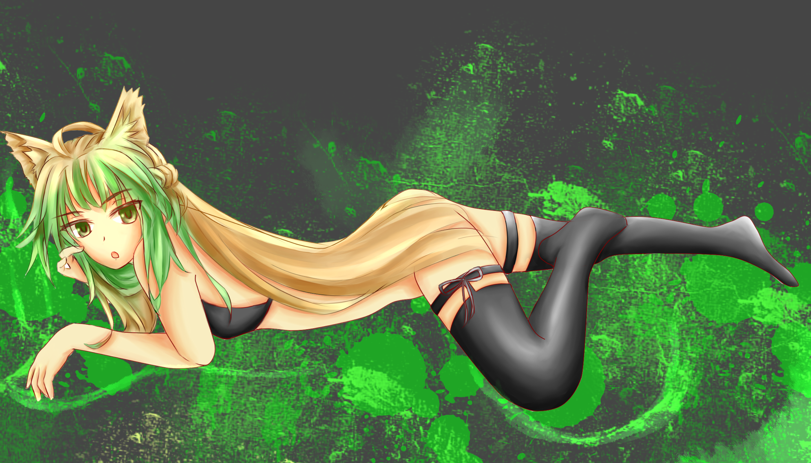 Anime 2800x1600 anime anime girls green eyes green hair Fate/Grand Order Fate/Apocrypha  Fate series animal ears lying on front bikini top thigh-highs Atalanta (Fate/Grand Order) fantasy girl stockings black stockings bra gray background open mouth looking at viewer
