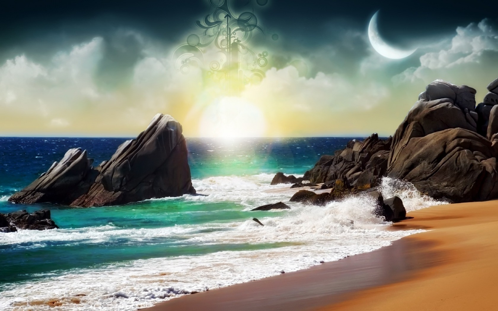 General 1680x1050 digital art sunlight beach artwork Moon sea sky Sun