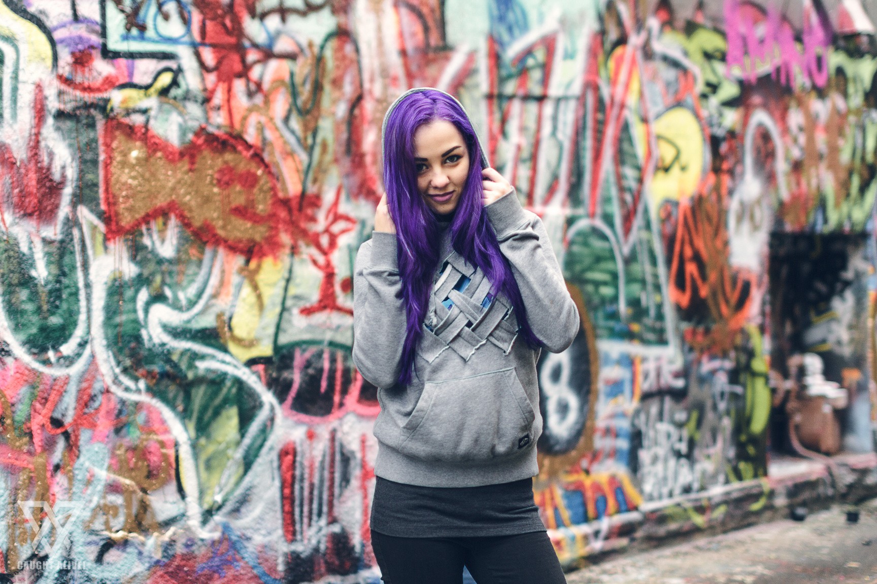 People 1728x1152 women colorful purple hair hoods women outdoors urban graffiti wall model sweatshirts