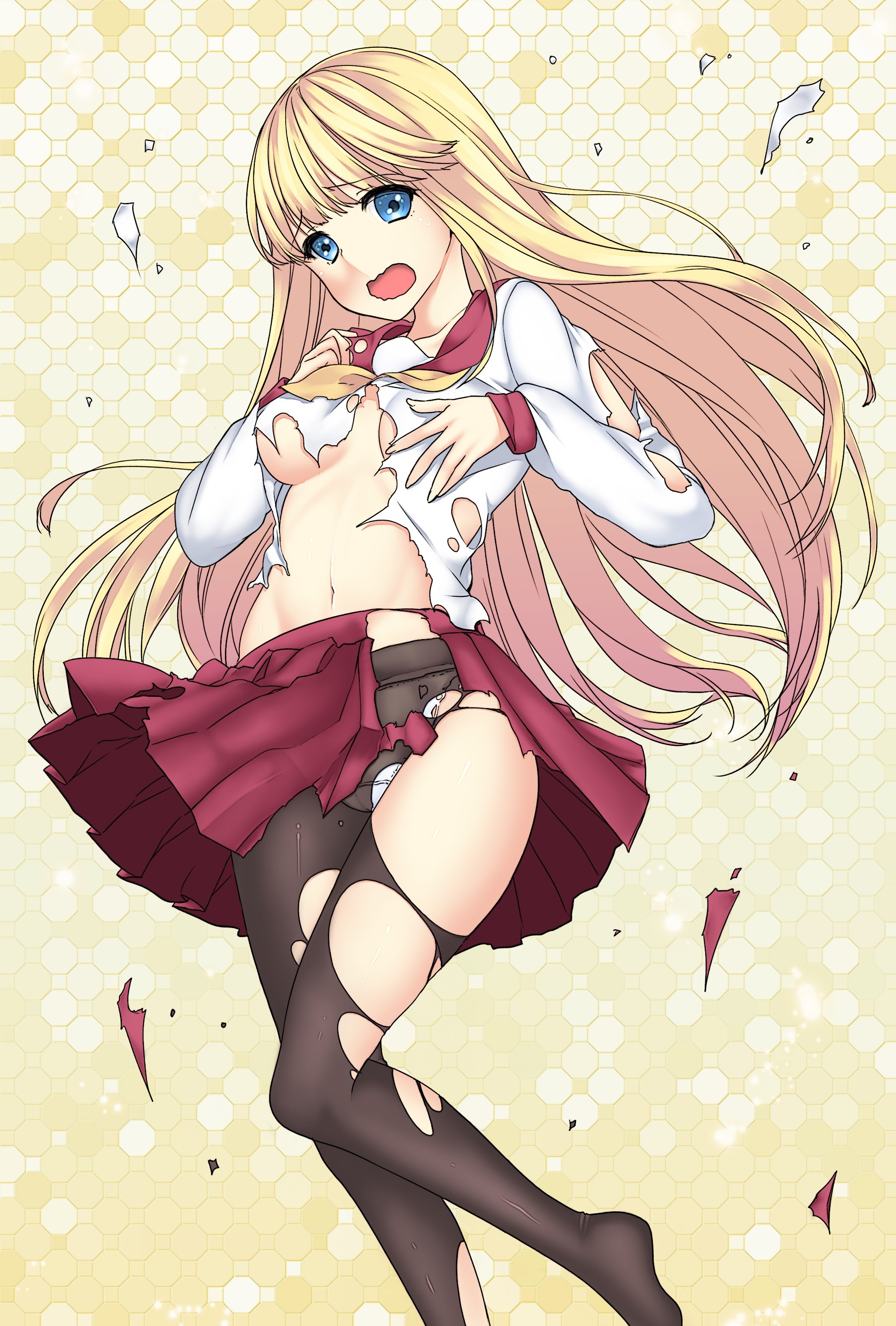 Anime 2067x3058 anime anime girls no bra torn clothes underboob long hair blonde blue eyes torn pantyhose Pixiv boobs open mouth embarrassed legs skirt belly pantyhose