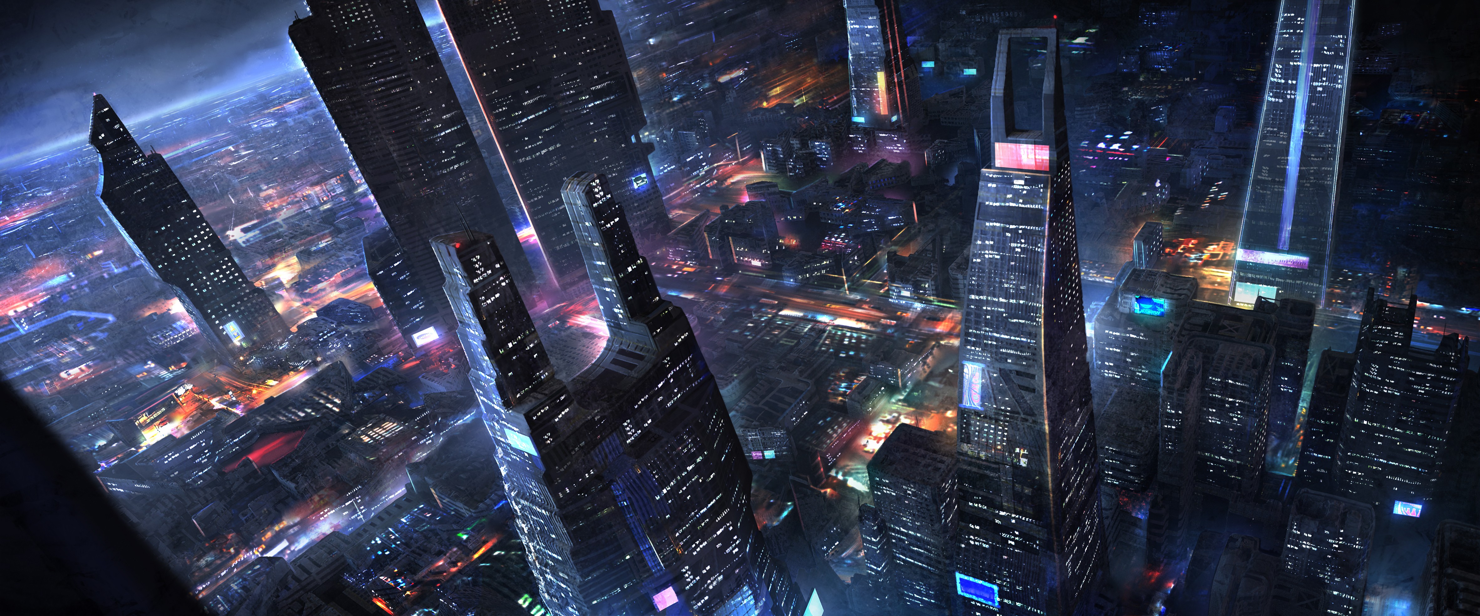 General 4724x1967 science fiction artwork futuristic cityscape aerial view night futuristic city