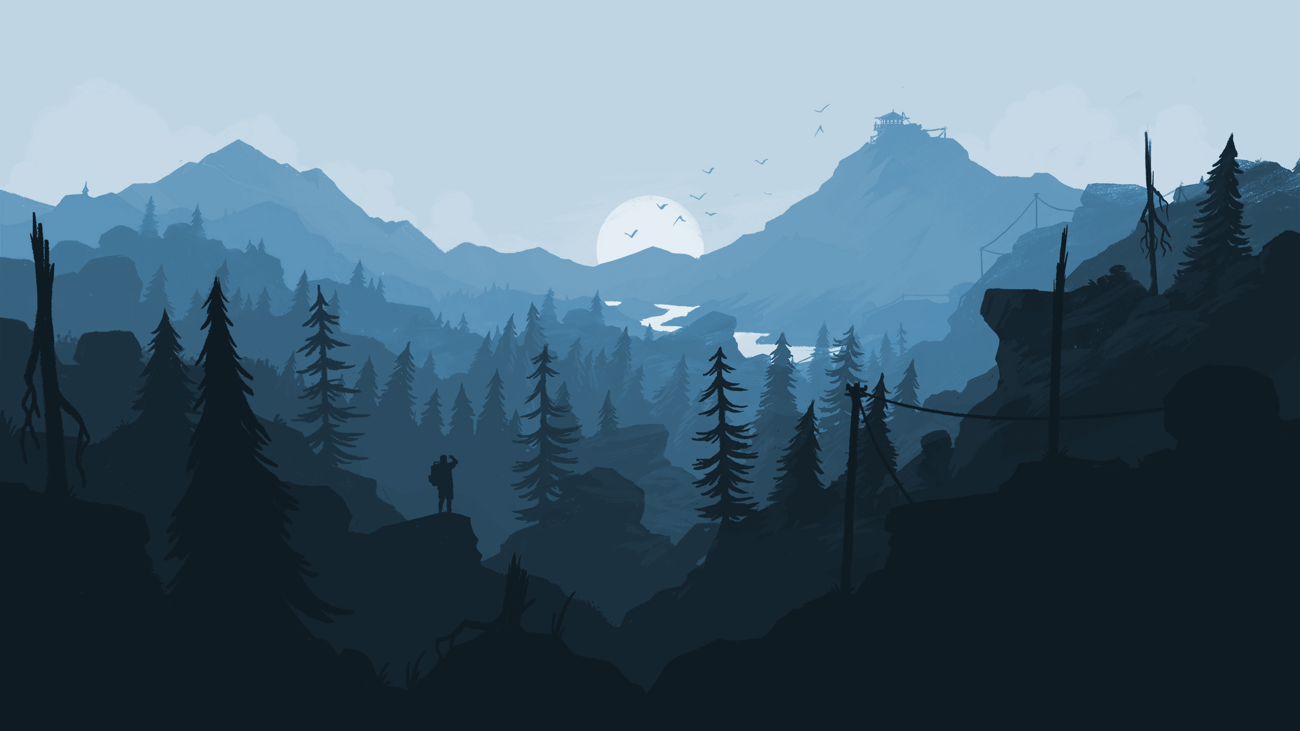 General 2560x1440 Firewatch digital art forest trees mountains river Sun outdoors silhouette