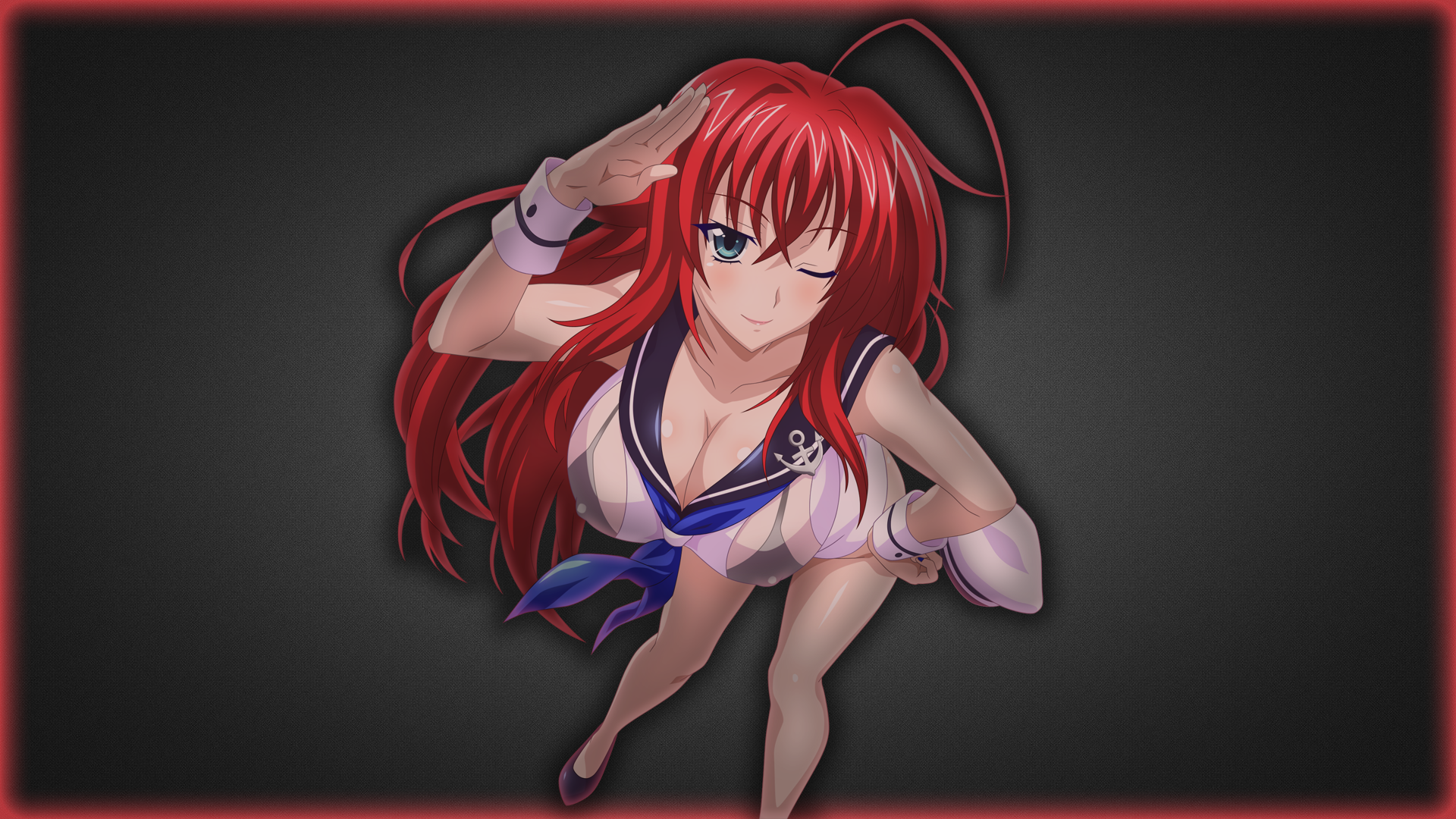 Anime 1920x1080 redhead wink Gremory Rias High School DxD see-through clothing bra blue eyes cleavage shoes anime anime girls sailor uniform