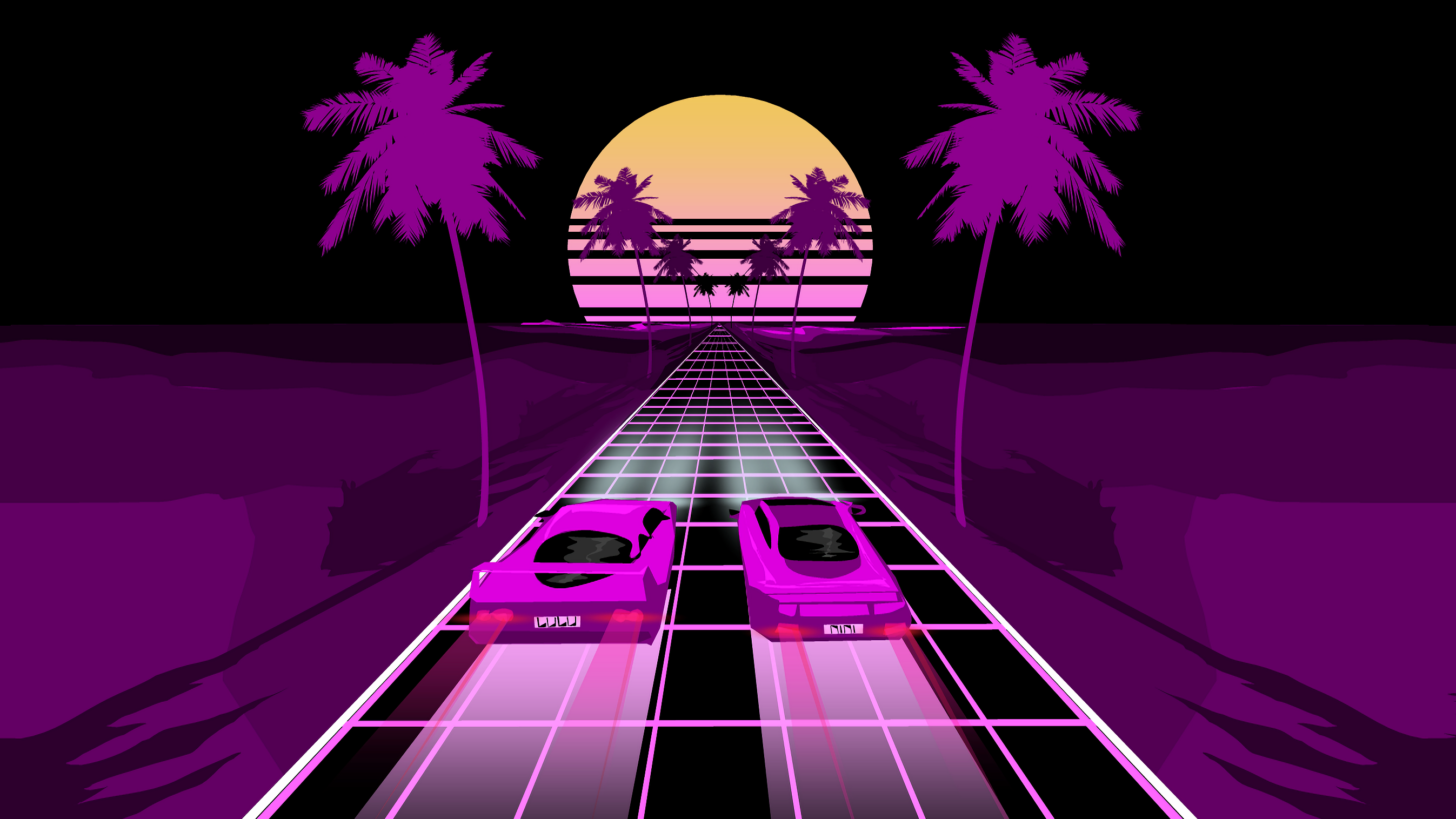 General 2694x1516 retrowave car purple dark abstract vaporwave palm trees