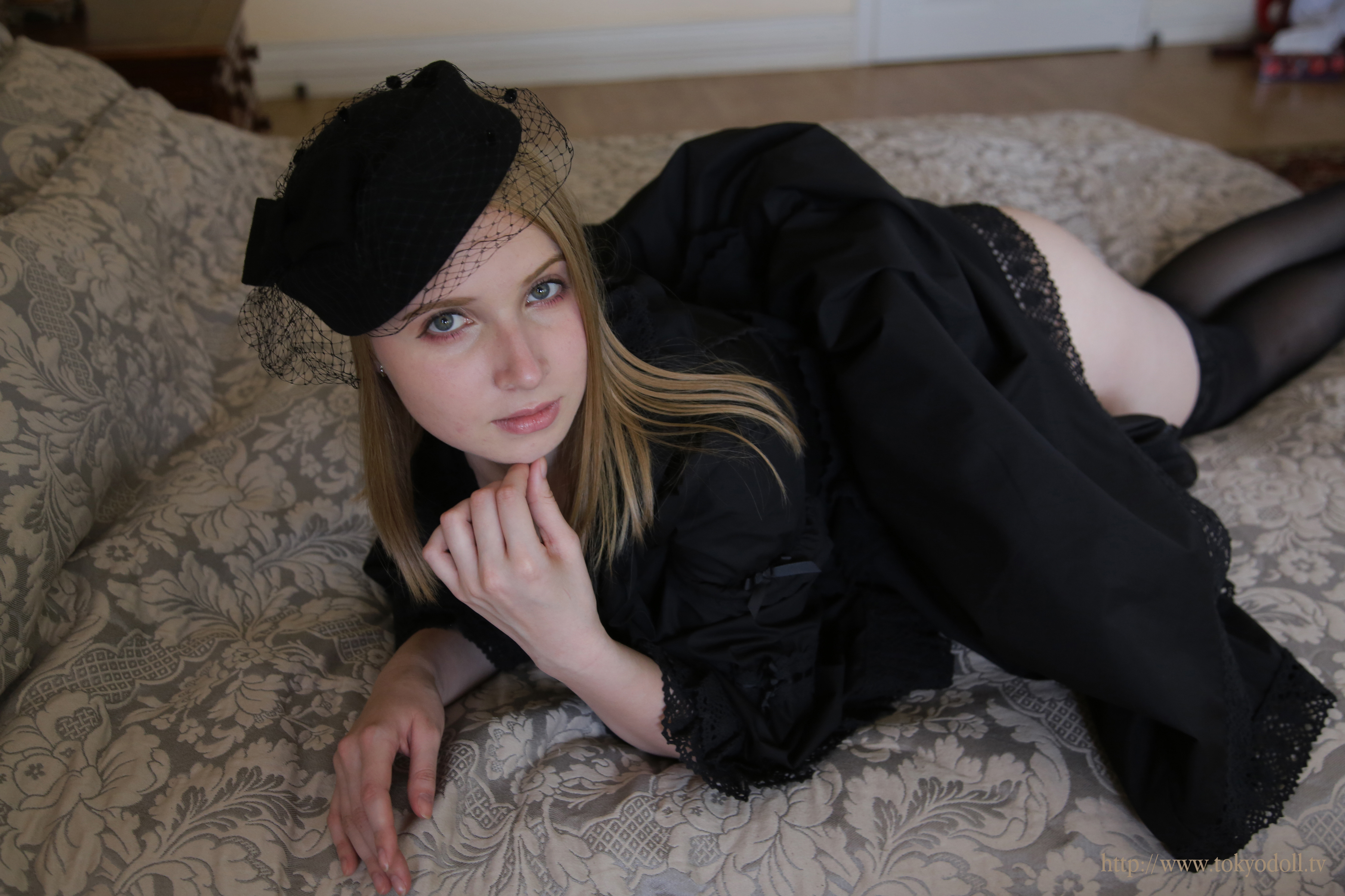 People 3600x2400 TokyoDoll model in bed blonde blue eyes victorian clothes black dress knee-highs ass women indoors stockings women