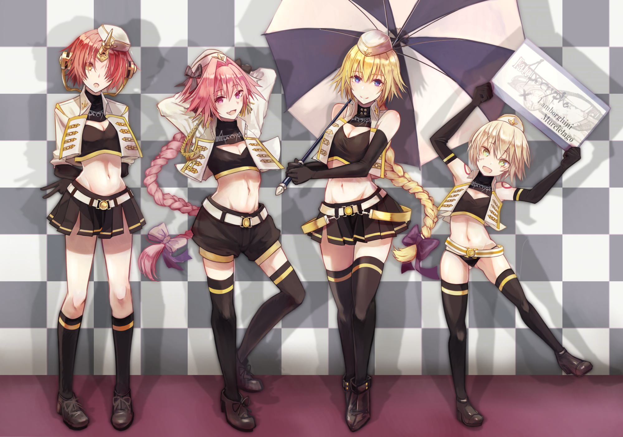 Anime 2000x1404 Fate series Fate/Apocrypha  anime girls Fate/Grand Order femboy small boobs cleavage loli thighs black stockings black socks  miniskirt black thong arms behind back arms behind head zettai ryouiki 2D open mouth smiling arms up belly button white jacket bangs french braid looking at viewer Jeanne d'Arc (Fate) Ruler (Fate/Apocrypha) Astolfo (Fate/Apocrypha) Frankenstein (Fate/Apocrypha) Jack the Ripper (Fate/Apocrypha) metal horns black ribbons alternate costume pink hair long hair redhead silver hair short hair Lamborghini Murcielago purple eyes fan art anime blonde