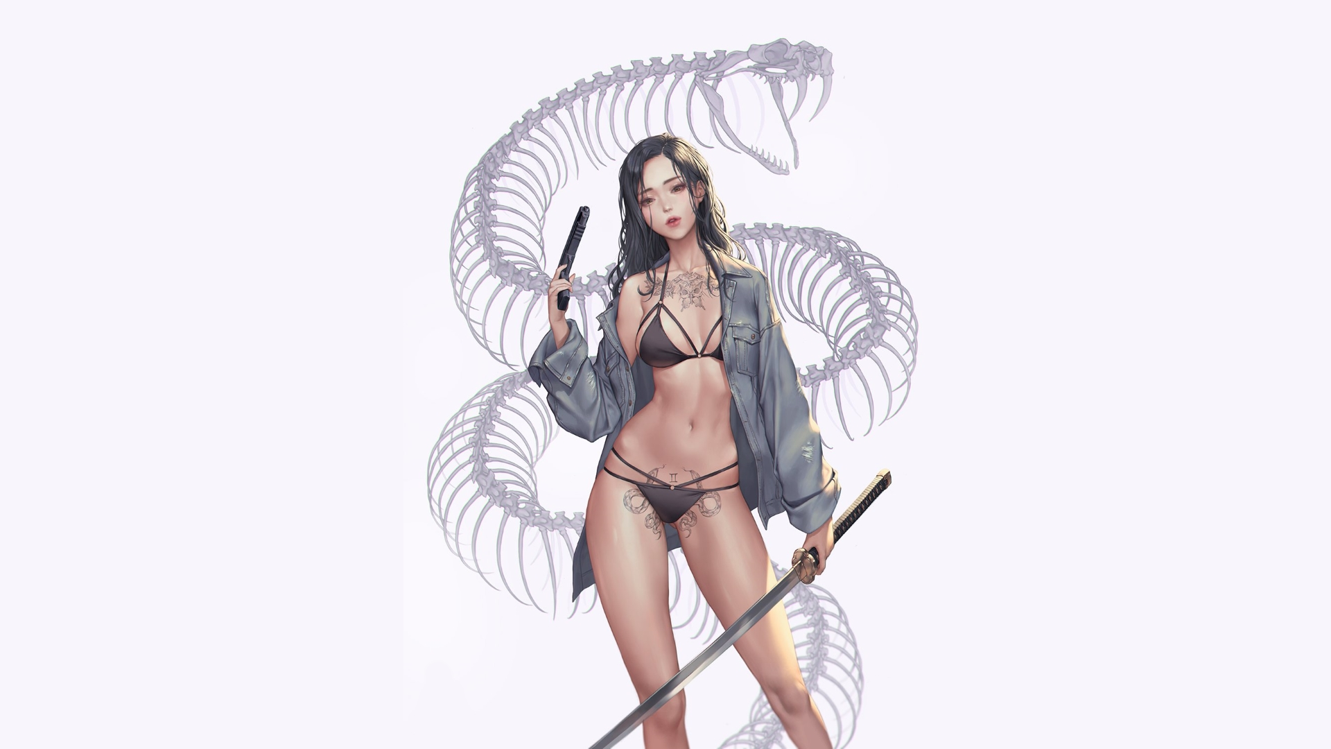 Anime 1920x1080 snake skeleton original characters women women with swords digital art artwork belly tattoo looking at viewer white background Blade & Soul