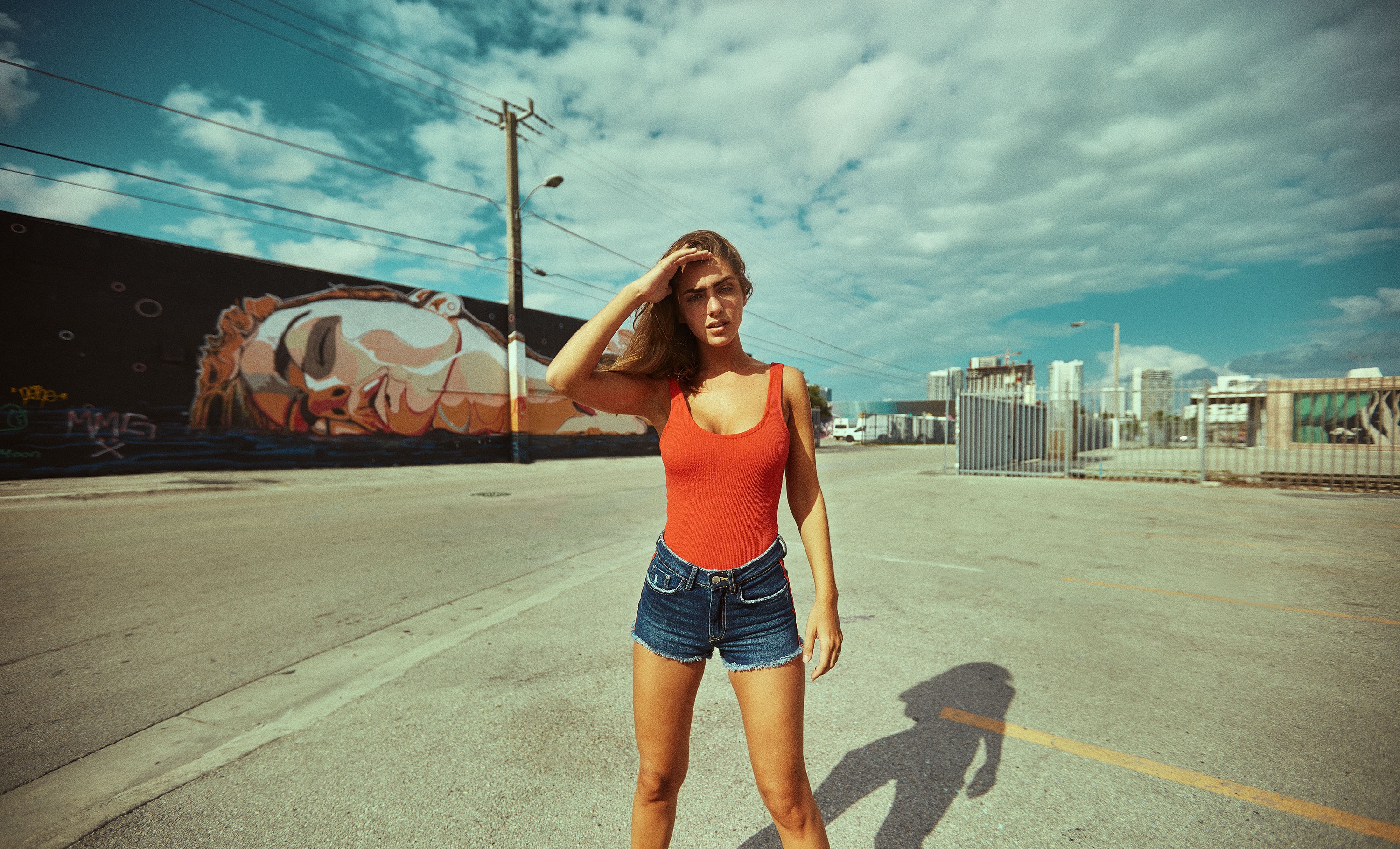 People 3000x1819 women model brunette urban graffiti tank top jean shorts women outdoors clouds short shorts shadow