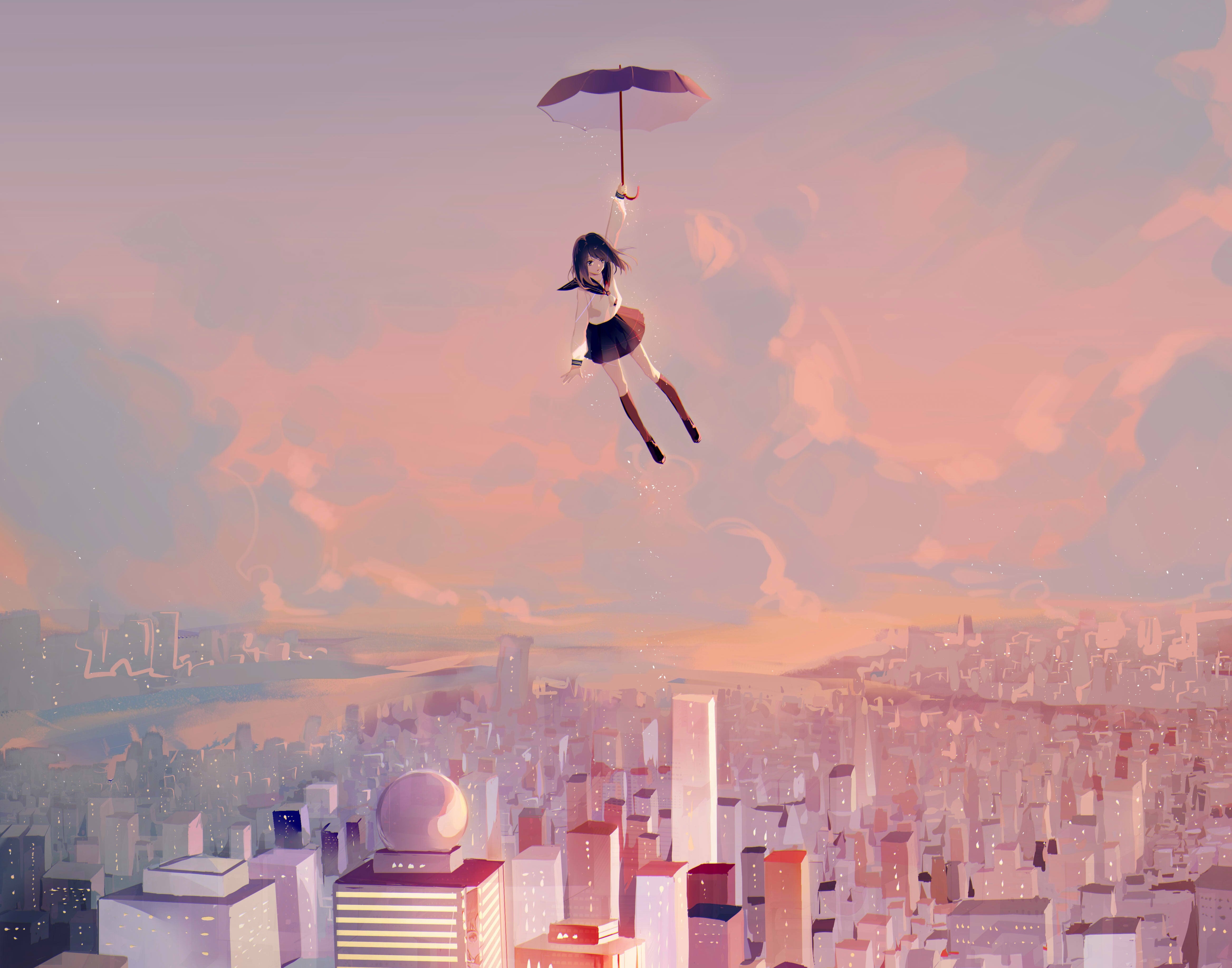 Anime 4672x3672 anime anime girls flying umbrella cityscape