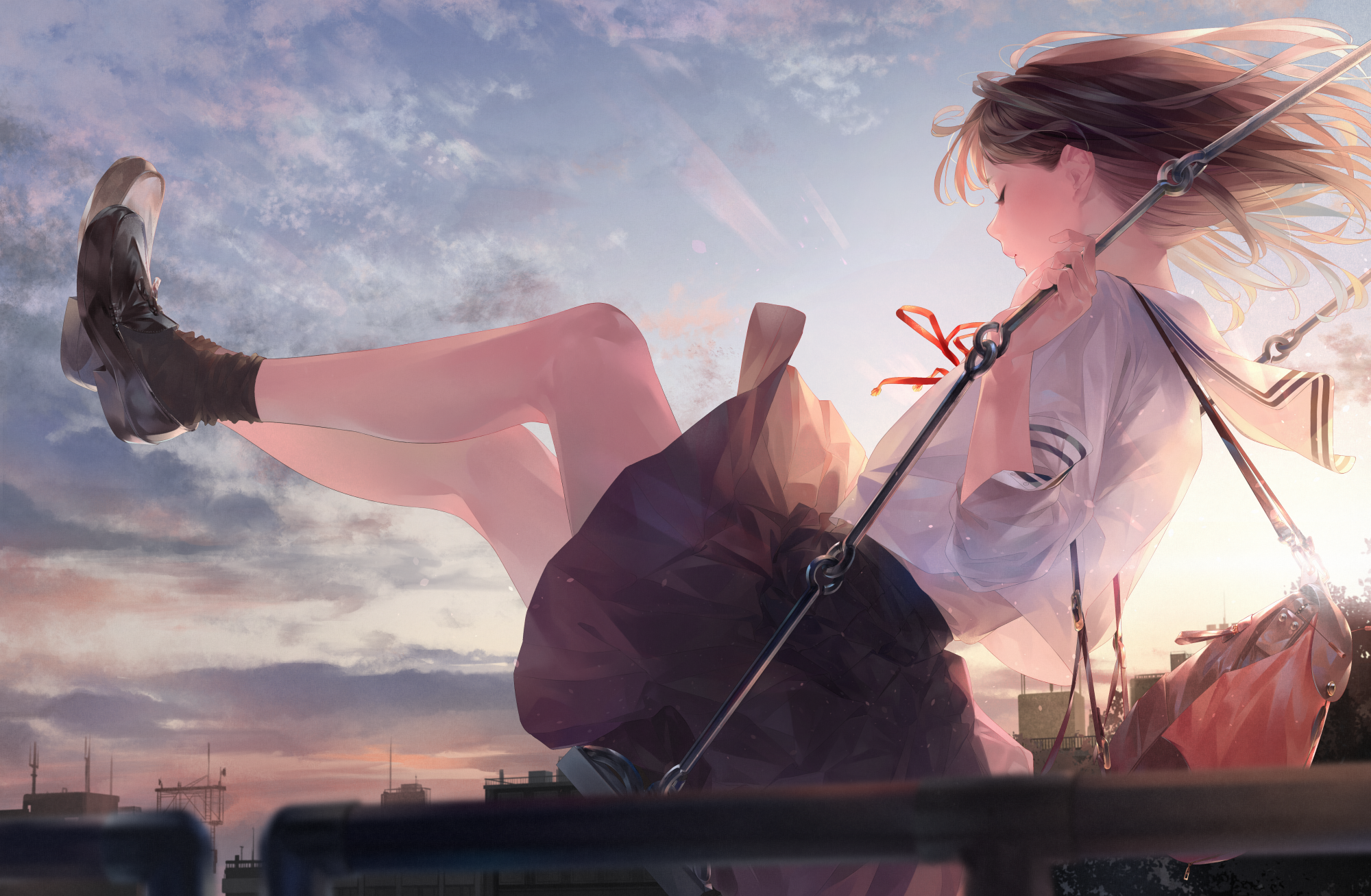 Anime 2000x1307 anime girls sailor uniform sunset swings anime legs up legs brunette school uniform artwork Sawasawa