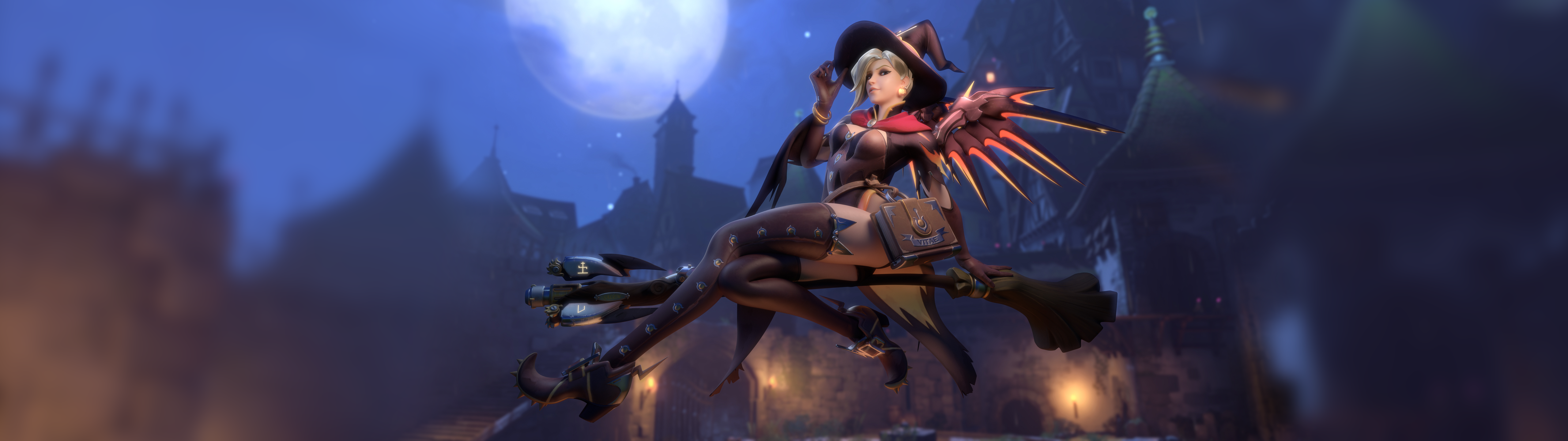 General 5120x1440 Witch Mercy (Overwatch) Mercy (Overwatch) Overwatch Halloween witch thigh-highs broom witch's broom night moonlight Moon torches wings multiple display dual monitors low-angle video game characters PC gaming video game girls