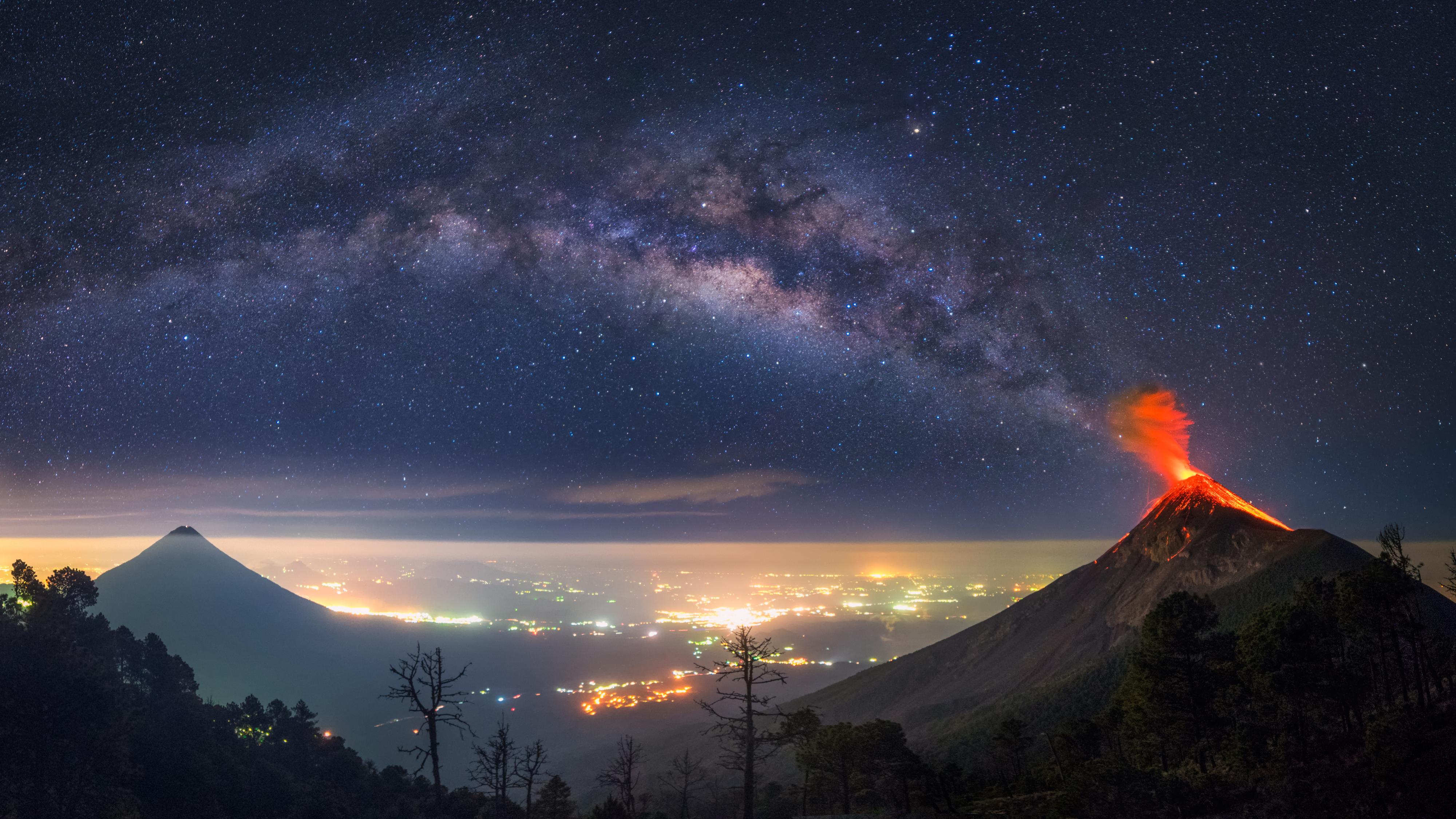 General 4000x2250 volcano volcanic eruption eruption Guatemala Milky Way landscape eruptions city mountains night night sky stars galaxy photography