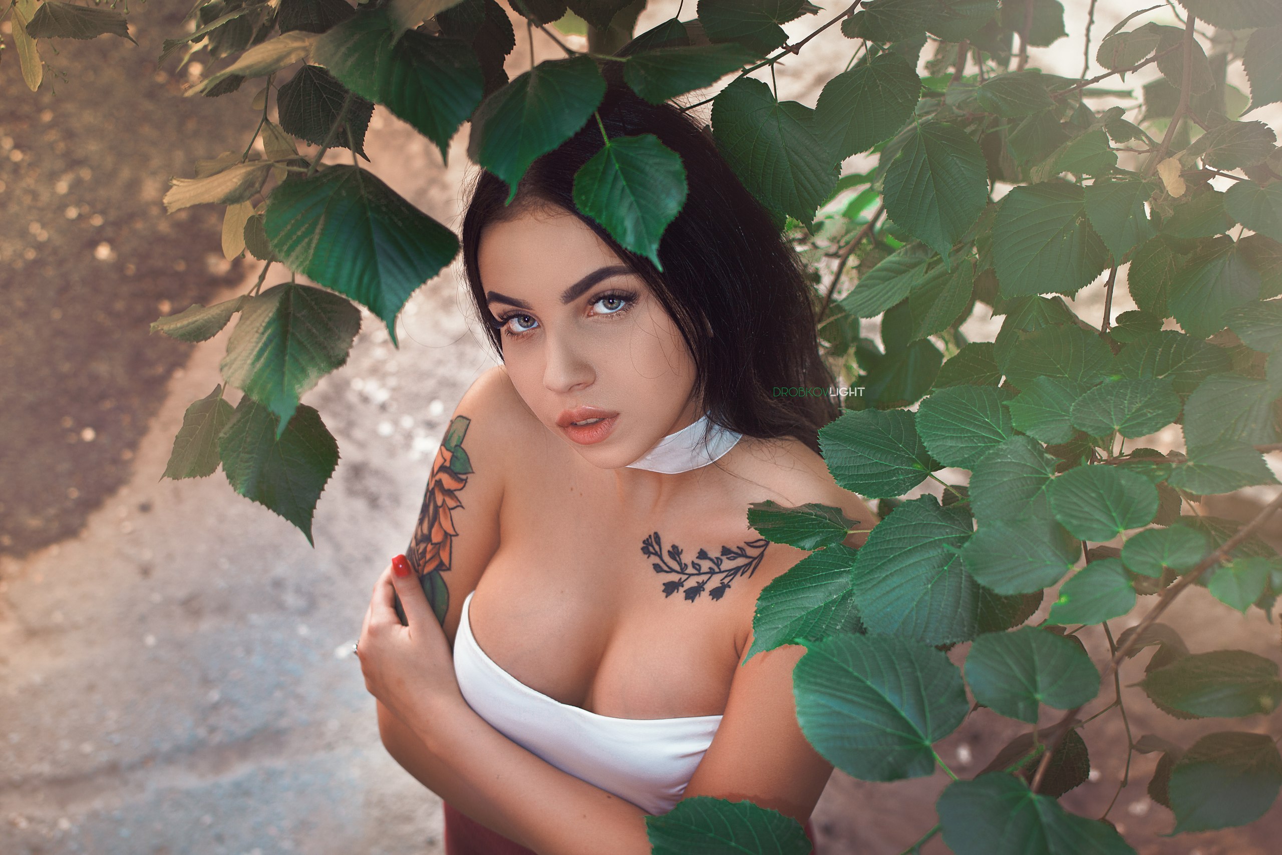 People 2560x1707 women brunette women outdoors face bare shoulders tattoo cleavage leaves tanned Alexander Drobkov no bra Angelina Sorokina