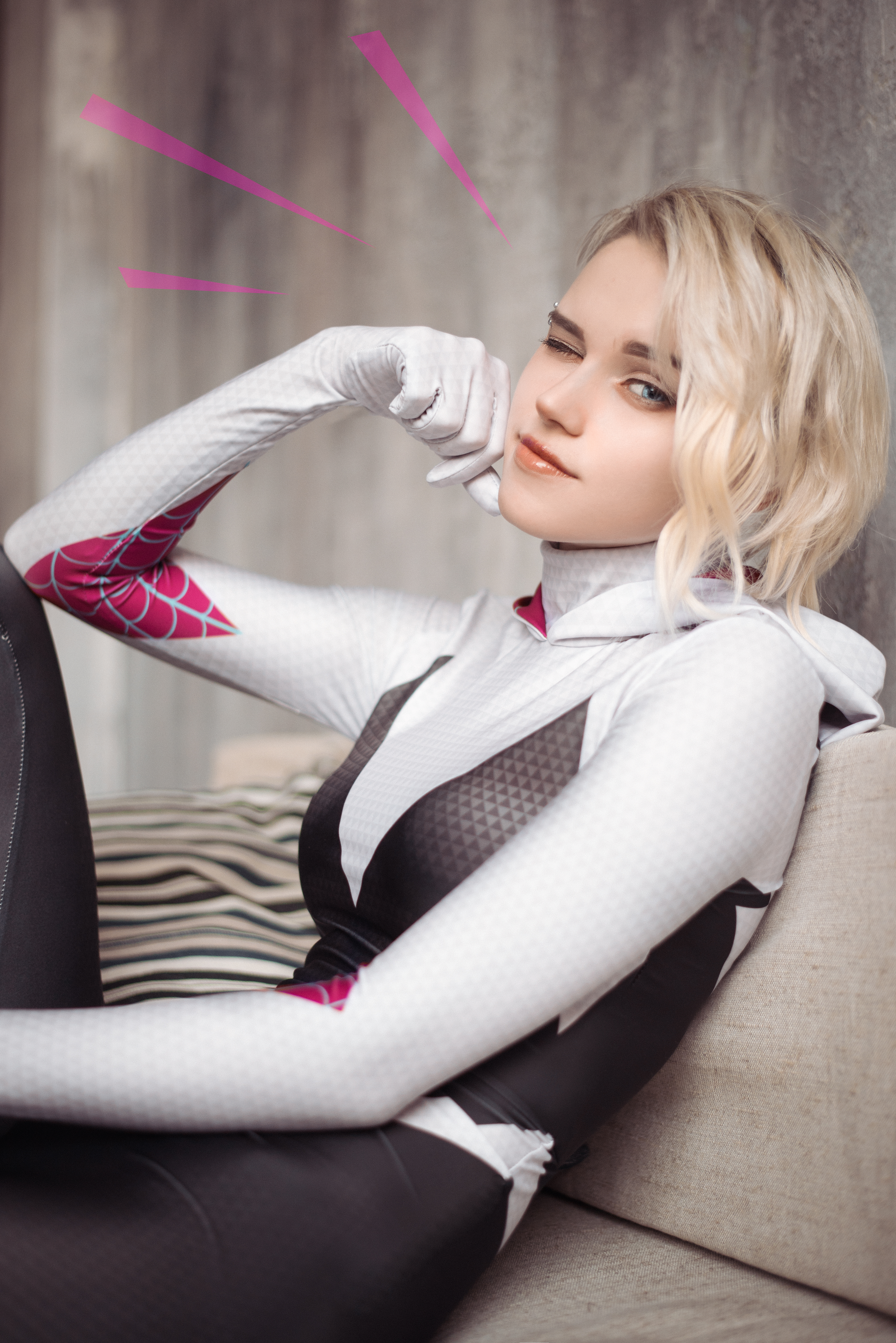 People 4016x6016 women model Marvel Comics Gwen Stacy Spider-Man Spider Gwen blonde cosplay wink one eye closed couch indoors looking at viewer Shirogane Sama Ghost Spider