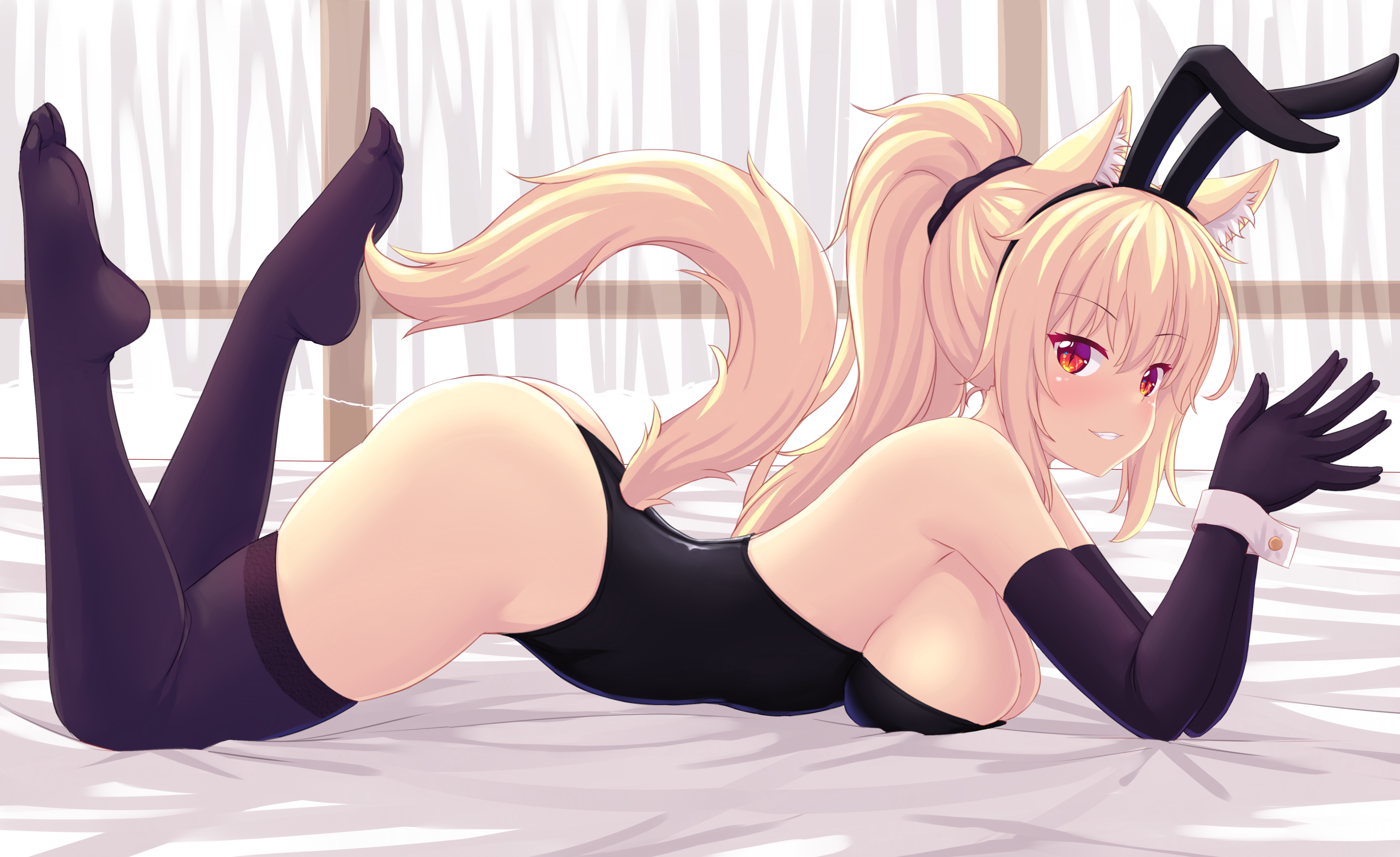 Anime 4900x3000 Tiffy thigh-highs bunny suit lying on front feet in the air sideboob big boobs animal ears tail blonde ponytail red eyes smiling blushing anime girls fast-runner-2024 feet