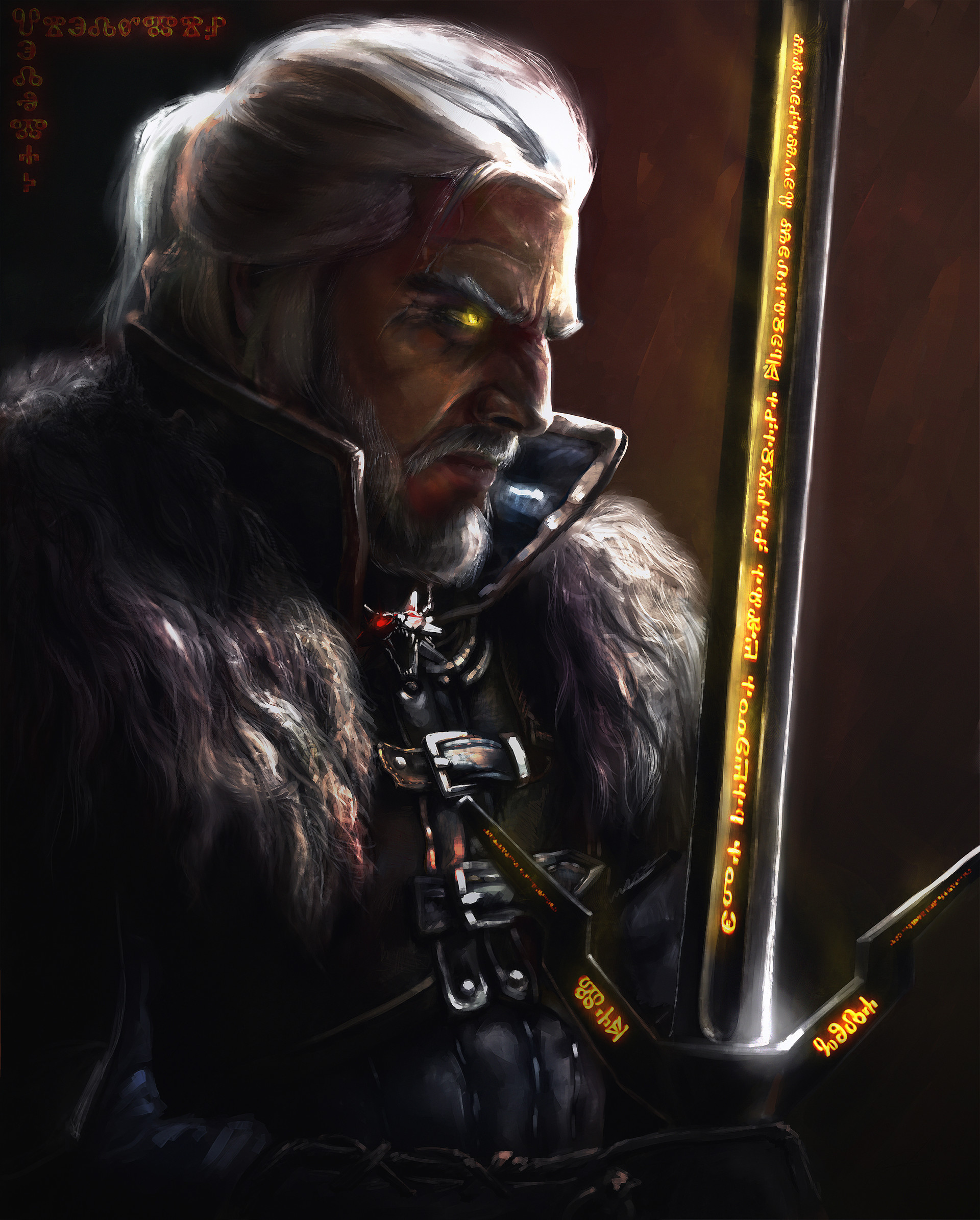 General 1920x2389 video game art fan art digital art Geralt of Rivia The Witcher artwork white hair glowing eyes fantasy art ArtStation video game characters beard leather jacket leather armor fur jacket The Witcher 3: Wild Hunt video game men sword yellow eyes closed mouth