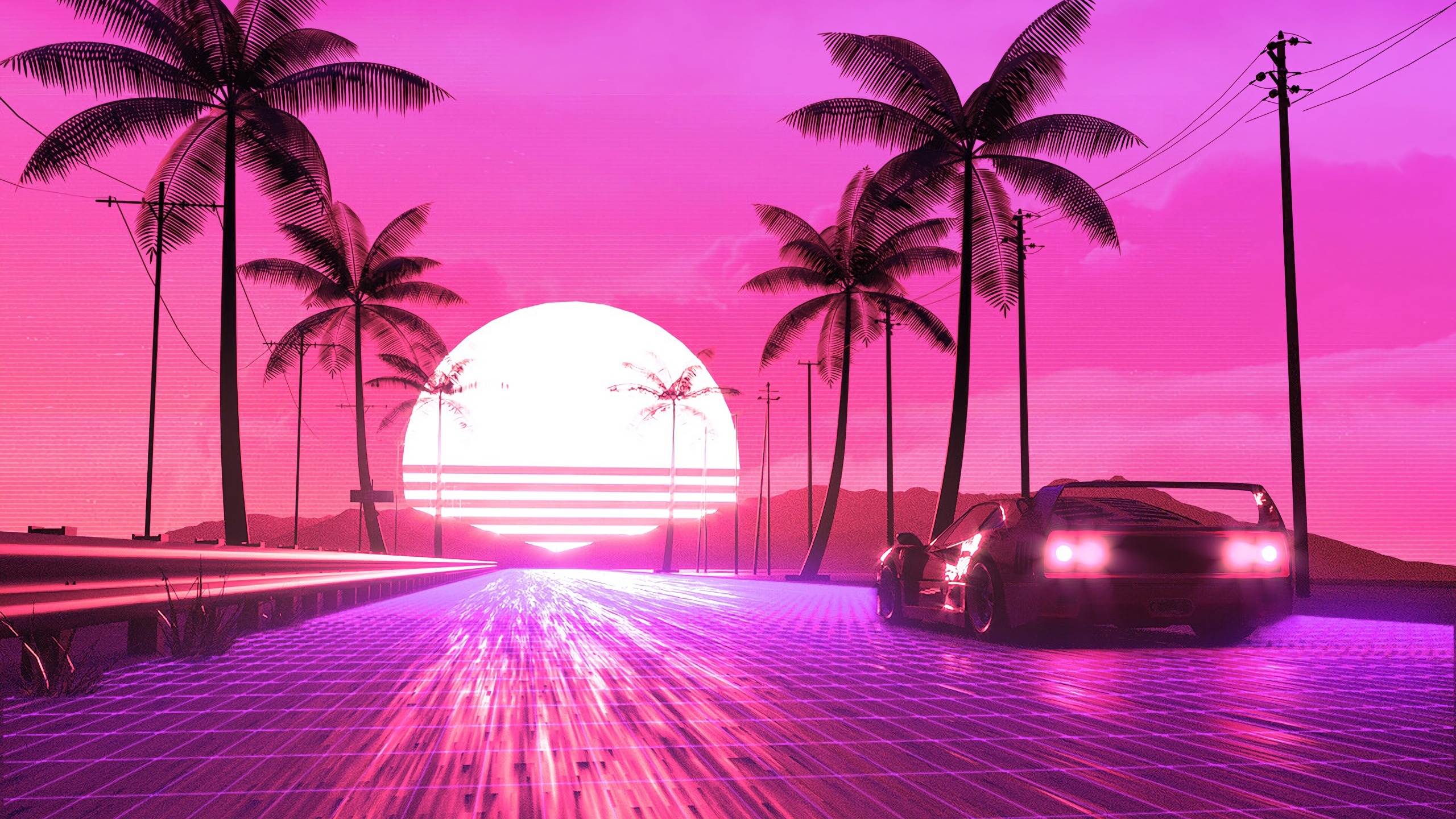 General 2560x1440 digital art artwork illustration lines Sun sun rays sunrise sunset road car vehicle transport trees palm trees summer sunlight nature landscape sky skyscape colorful lights vaporwave retrowave synthwave Synthpop futuristic cyber outdoors 1980s Ferrari F40 Ferrari