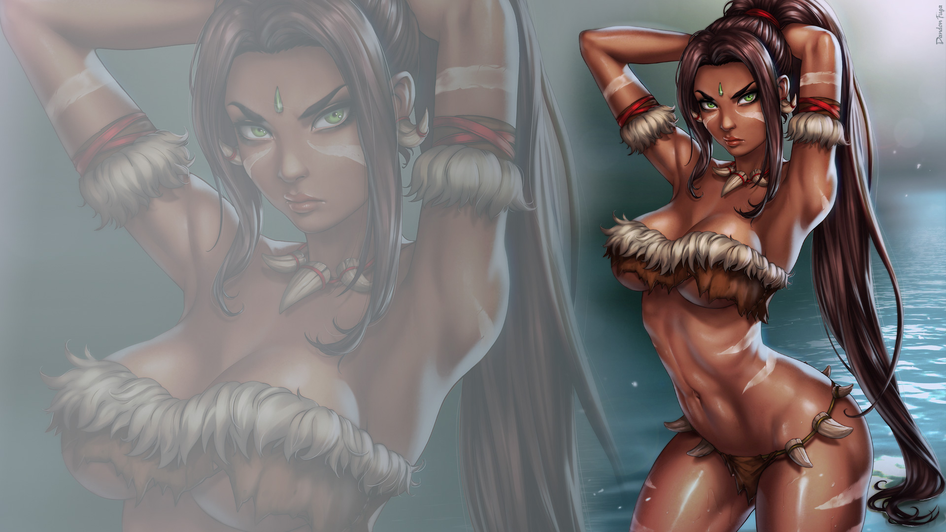 General 1920x1080 Dandonfuga Nidalee (League of Legends) League of Legends brunette green eyes looking at viewer PC gaming belly boobs big boobs arms up women video game characters digital art