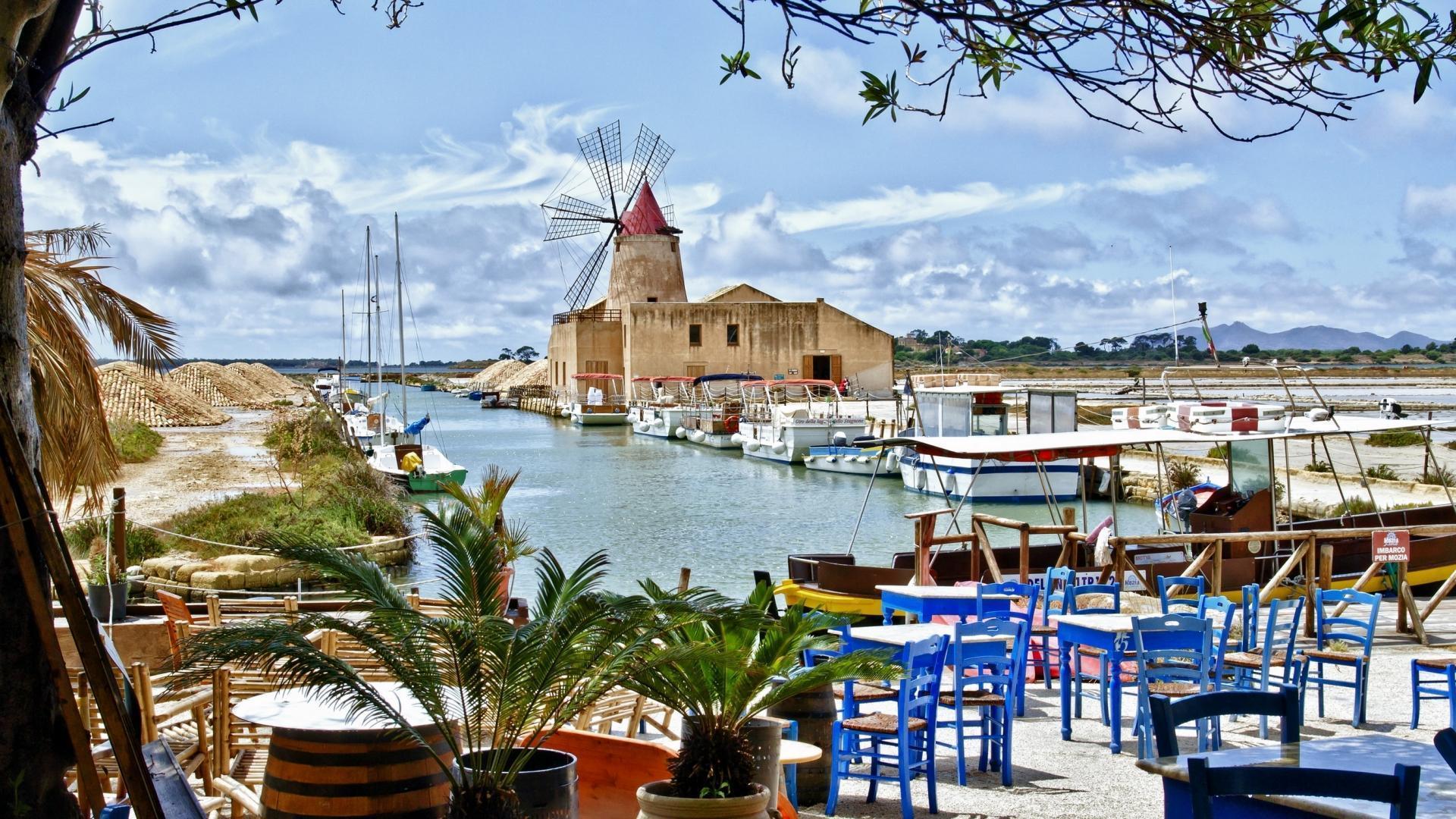 General 1920x1080 Sicily Marsala Italy windmill palm trees table chair sea landscape