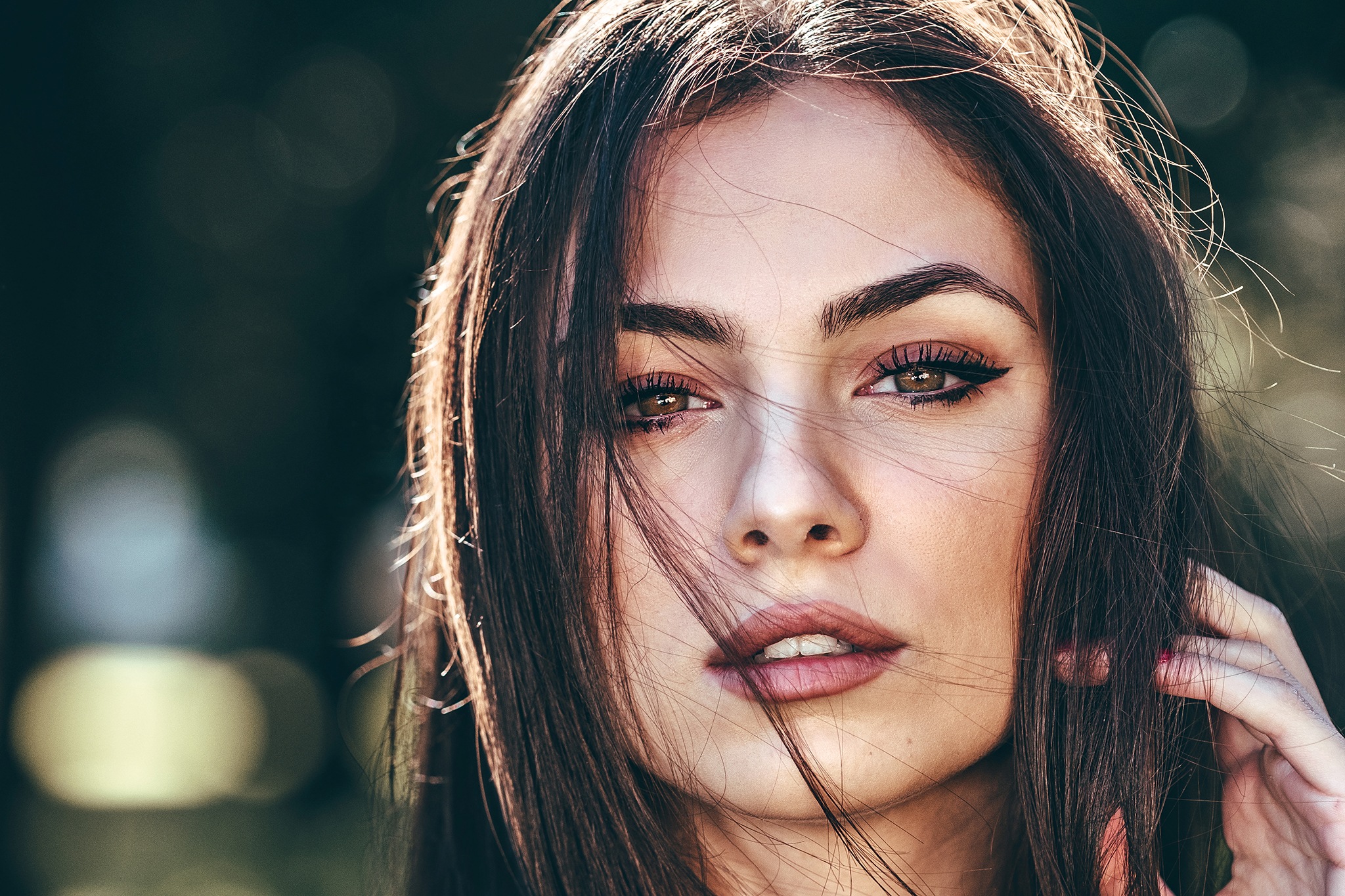 People 2048x1365 women brunette brown eyes open mouth looking at viewer portrait closeup face bokeh hair in face