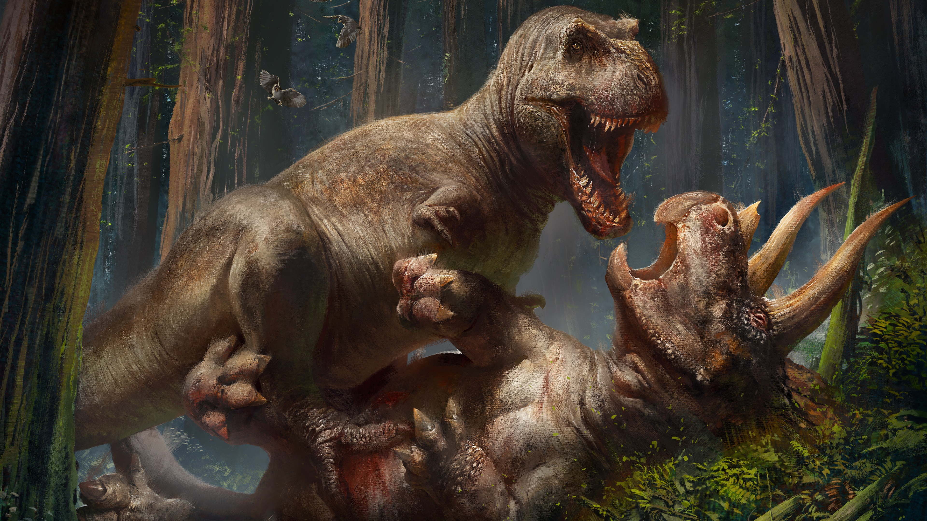 General 3840x2160 Tyrannosaurus rex Triceratops dinosaurs prehistoric animals fighting creature digital art