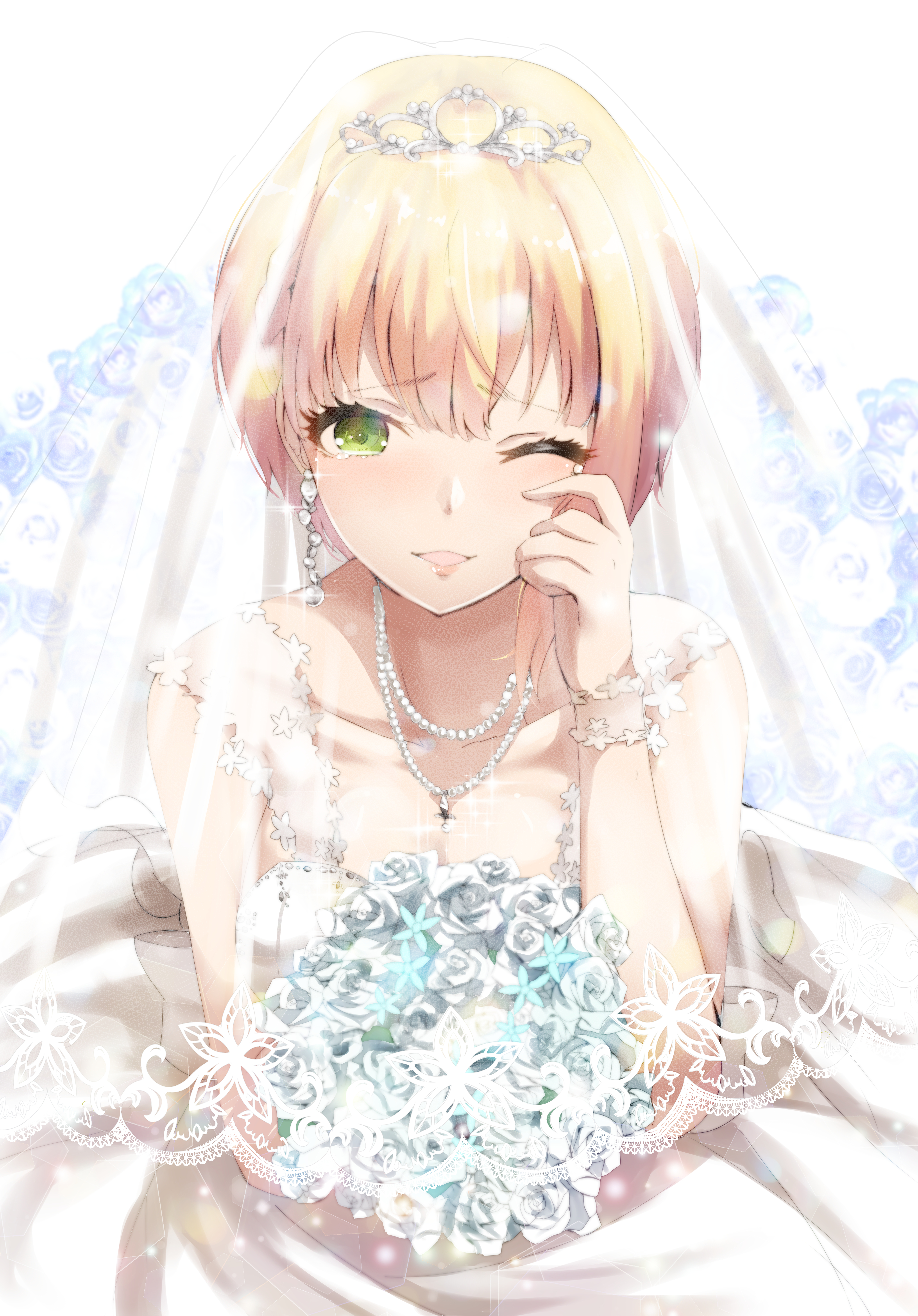 Anime 4185x6000 anime anime girls digital art artwork portrait display 2D ryuu THE iDOLM@STER Miyamoto Frederica wedding dress bridal veil blonde green eyes tears