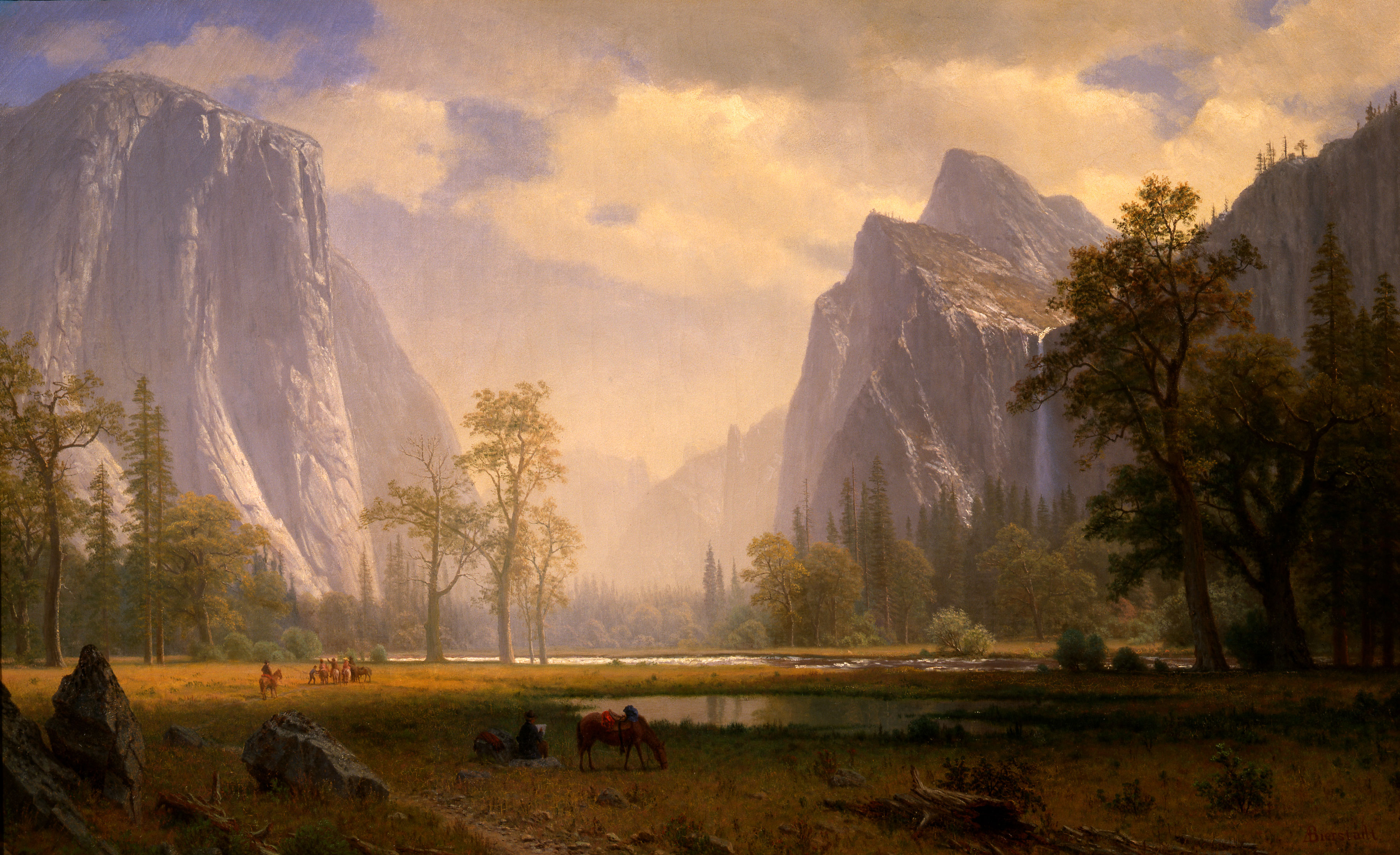 General 3598x2196 Albert Bierstadt Looking Up the Yosemite Valley classic art painting El Capitan Bridalveil Fall Yosemite National Park USA California