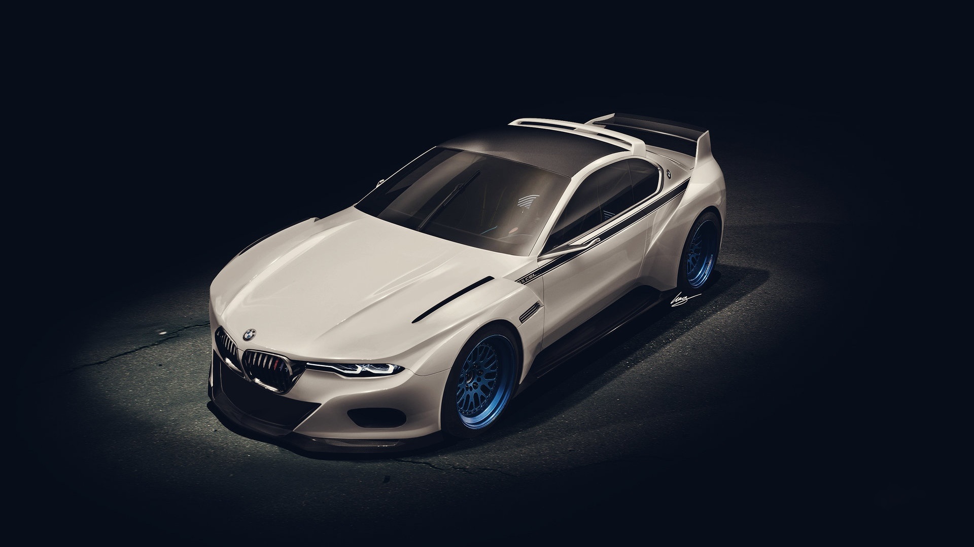 General 1920x1080 BMW car vehicle dark white cars BMW 3.0 CSL HOMMAGE modified photo manipulation colored wheels high angle simple background black background