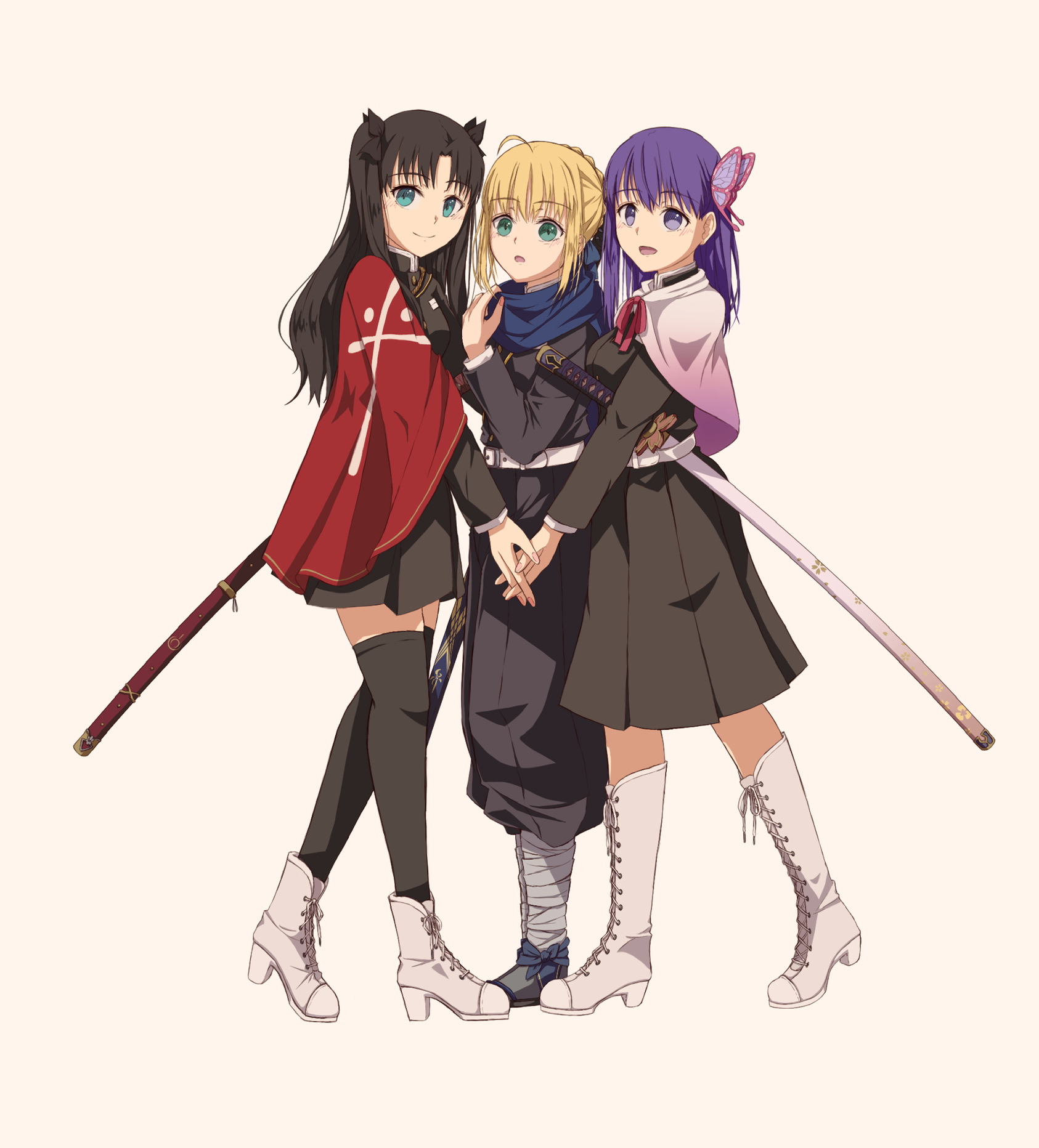 Anime 1686x1864 Fate series Fate/Stay Night Kimetsu no Yaiba crossover anime girls Japanese clothes katana black stockings long hair looking at viewer purple hair brunette Matou Sakura Tohsaka Rin Saber twintails thighs thigh high boots women with swords open mouth holding hands long skirt blue eyes purple eyes green eyes simple background 2D fan art blonde Artoria Pendragon