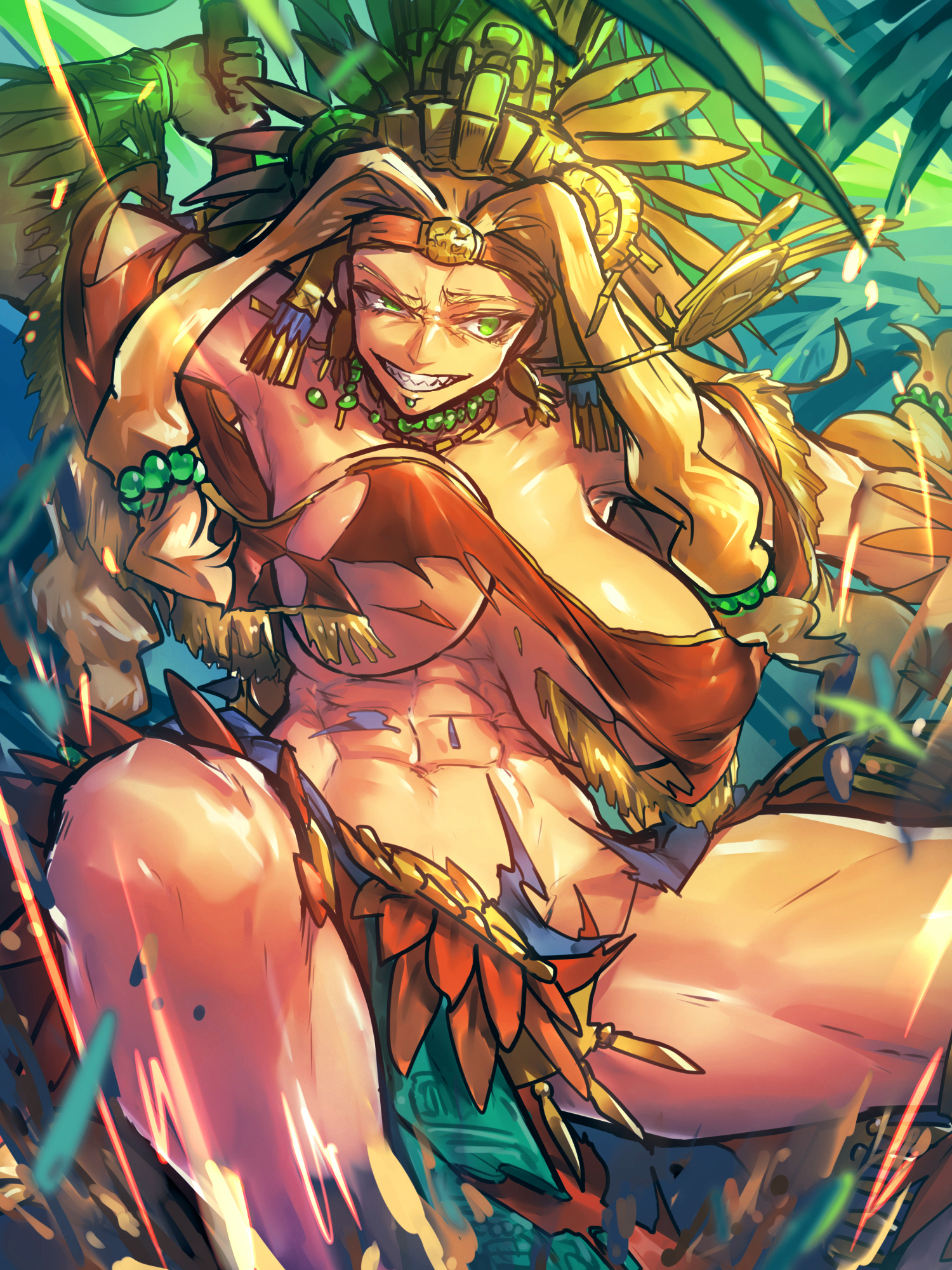 Anime 1500x2000 Fate/Grand Order Fate series anime girls big boobs long hair abs belly button 6-pack cleavage no bra torn clothes thigh-highs underboob looking at viewer Quetzalcoatl (FGO) Aztec green eyes smiling fan art 2D portrait display blonde