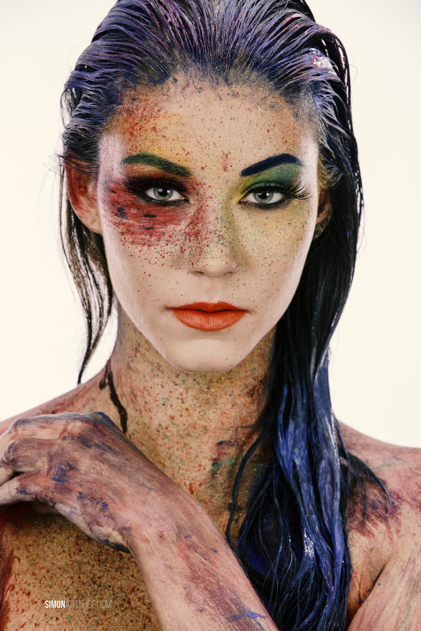 People 1365x2048 Thomas Simon women blue hair multi-colored hair dyed hair portrait makeup looking at viewer lipstick body paint face paint splatter colorful