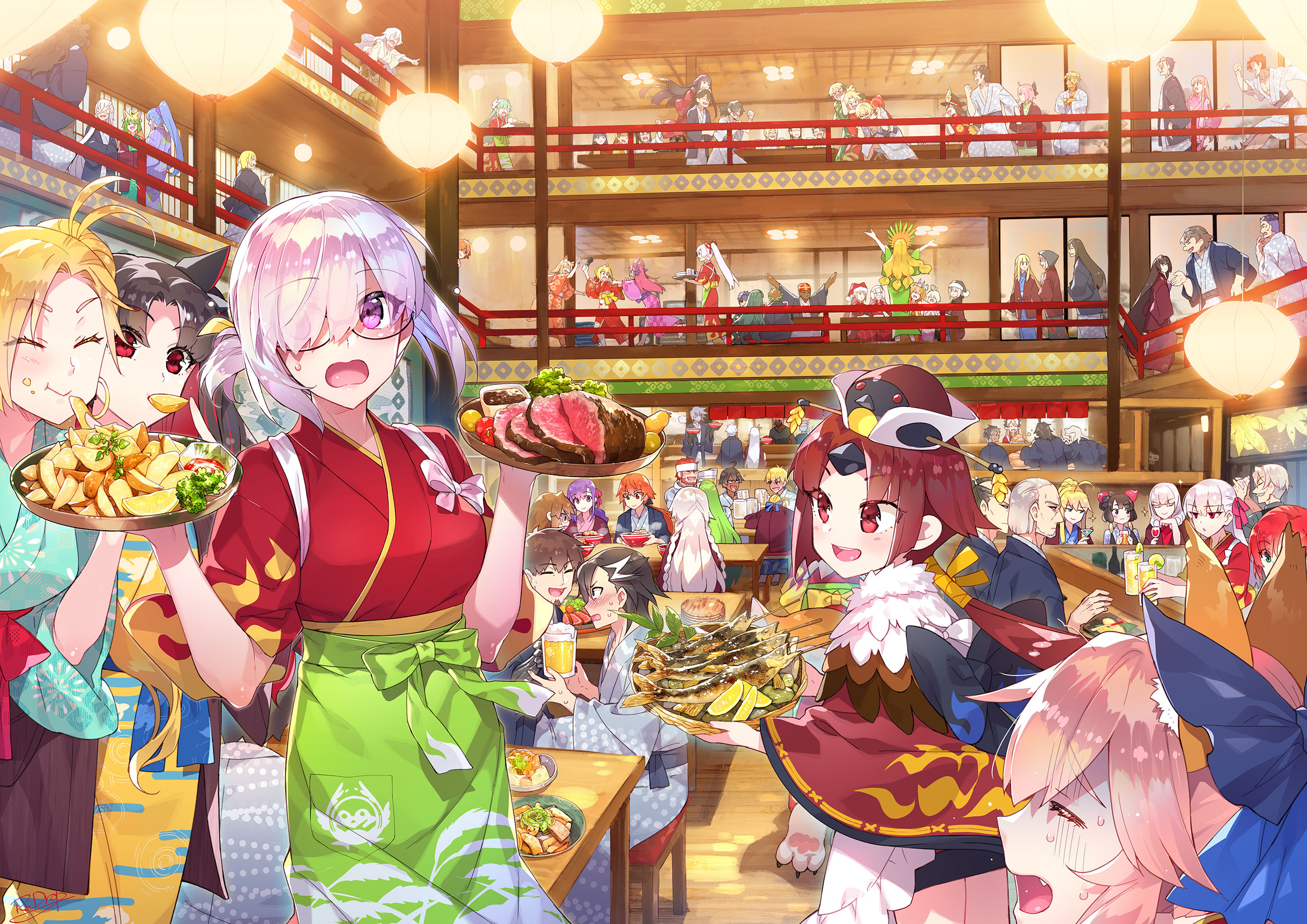 Anime 2545x1800 anime anime girls digital art artwork 2D portrait colorful anime girls eating food Fate/Grand Order Fate series Mash Kyrielight Redrop glasses waitress