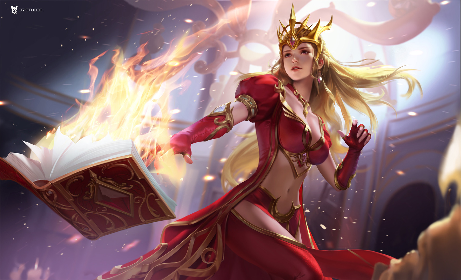General 1779x1080 3Q Studio drawing women blonde long hair wind crown gems hair accessories dress red clothing gold magician spell fire books fantasy girl digital art watermarked