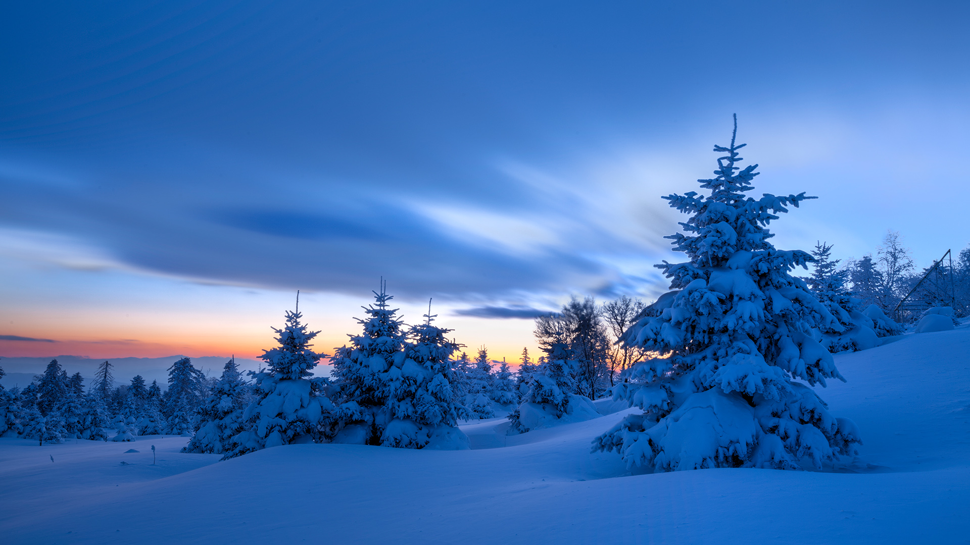 General 1920x1080 snow clouds sky sunset mountains trees spruce winter China nature landscape