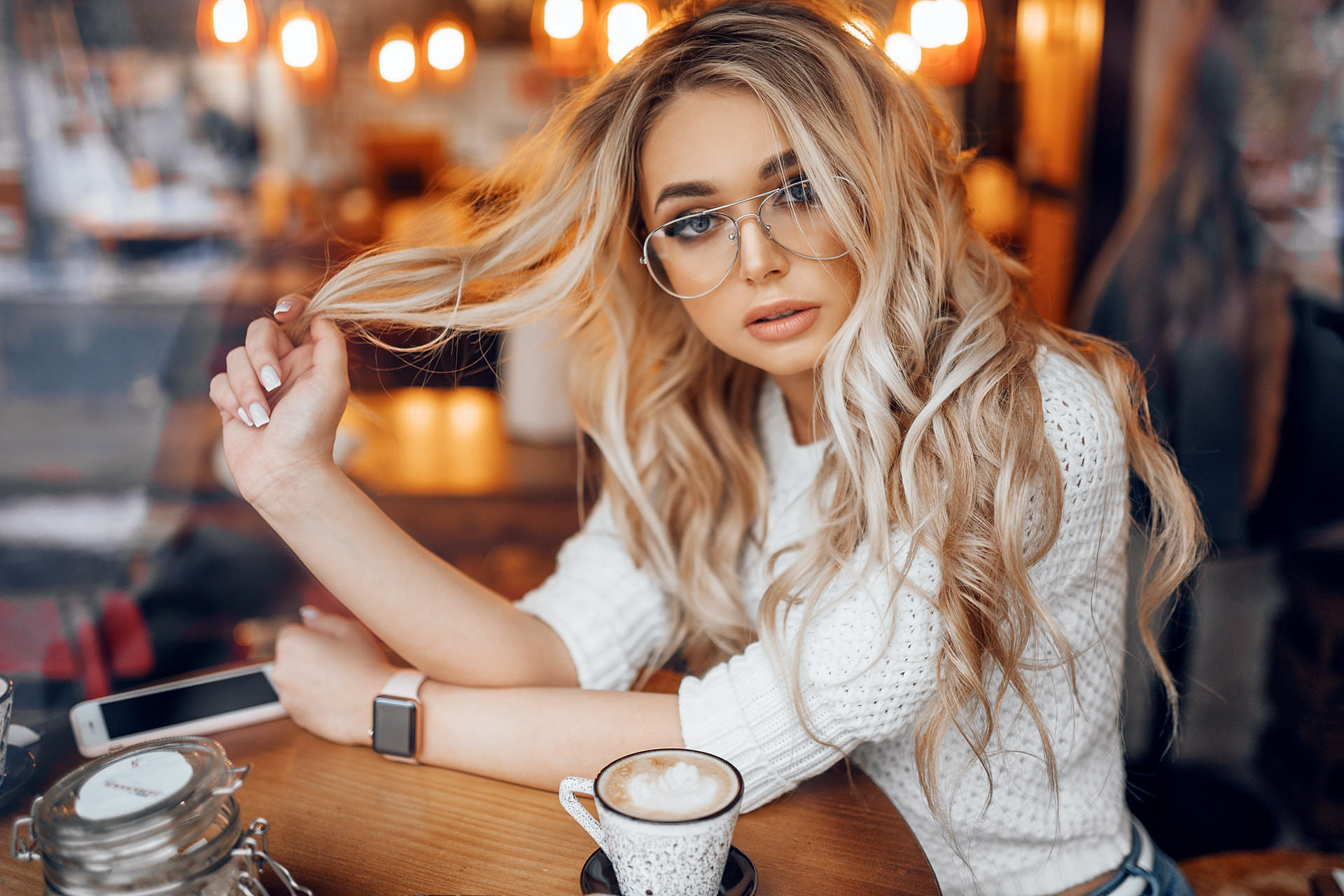 People 1920x1280 women blonde cellphone watch women with glasses portrait cup